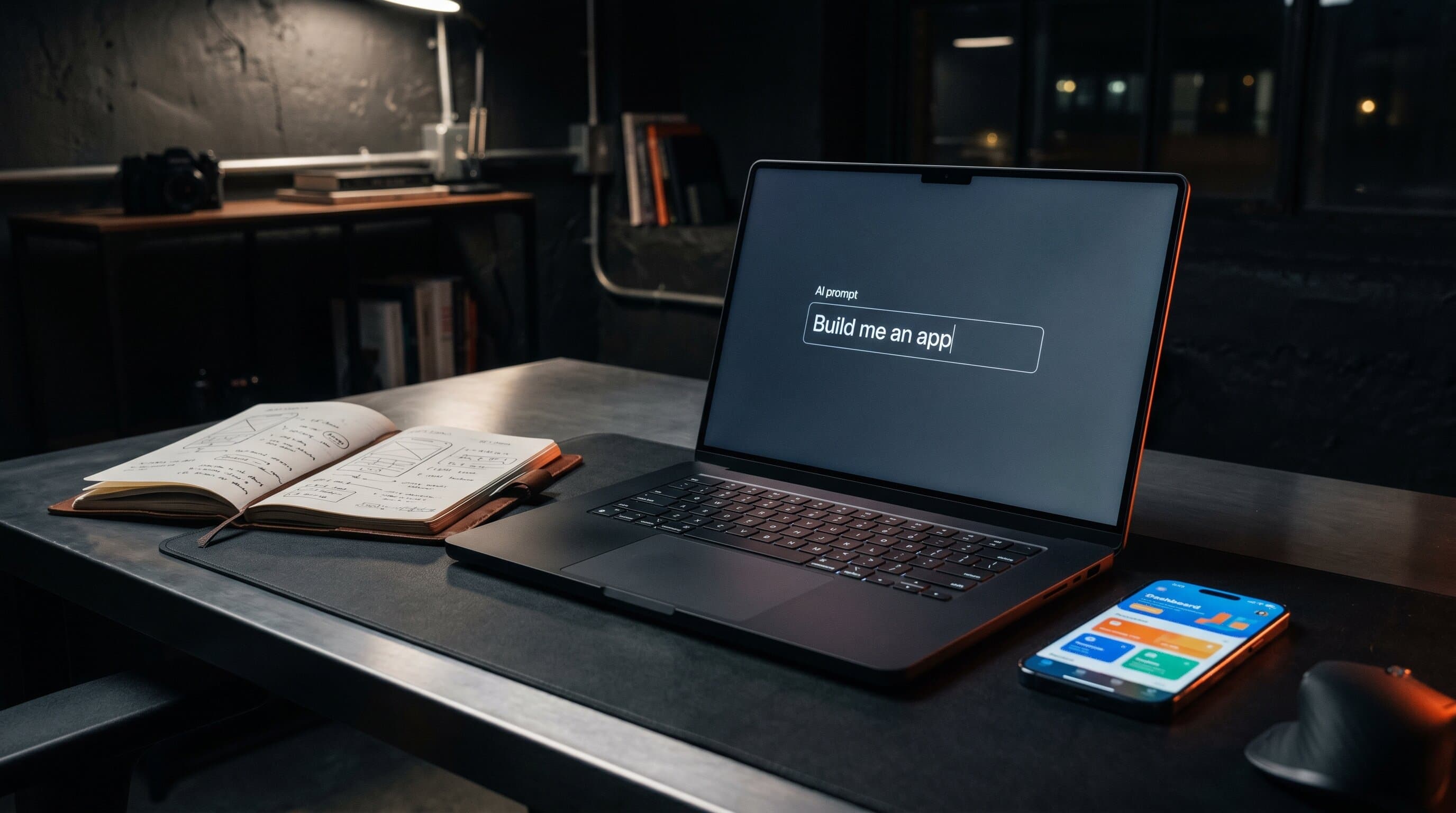 A creator's workspace with a laptop showing a Lovable prompt window, a phone displaying a generated web app, dark studio with warm orange rim lighting