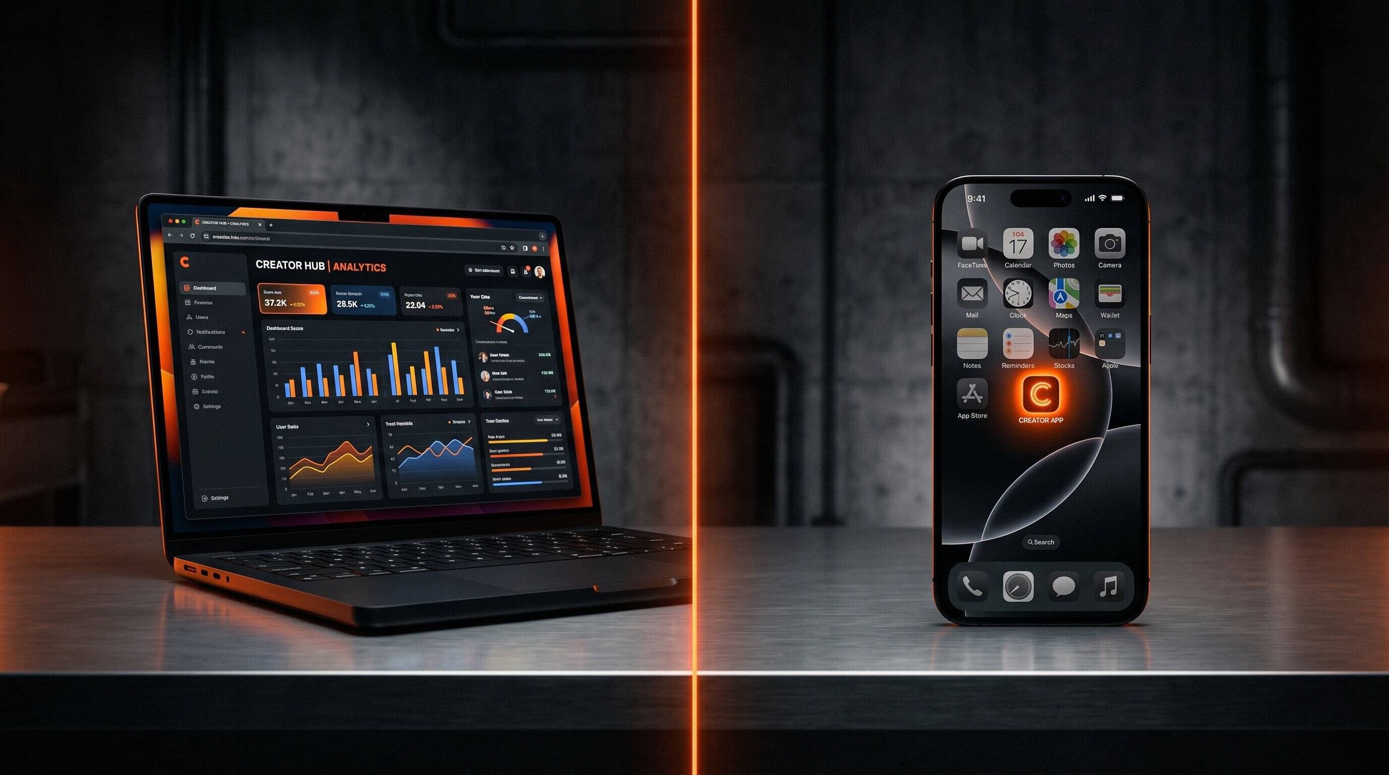 A split composition: left side a clean Lovable web prototype on a laptop screen, right side a native iOS app icon on a glowing iPhone home screen, dark studio with warm orange accent lighting