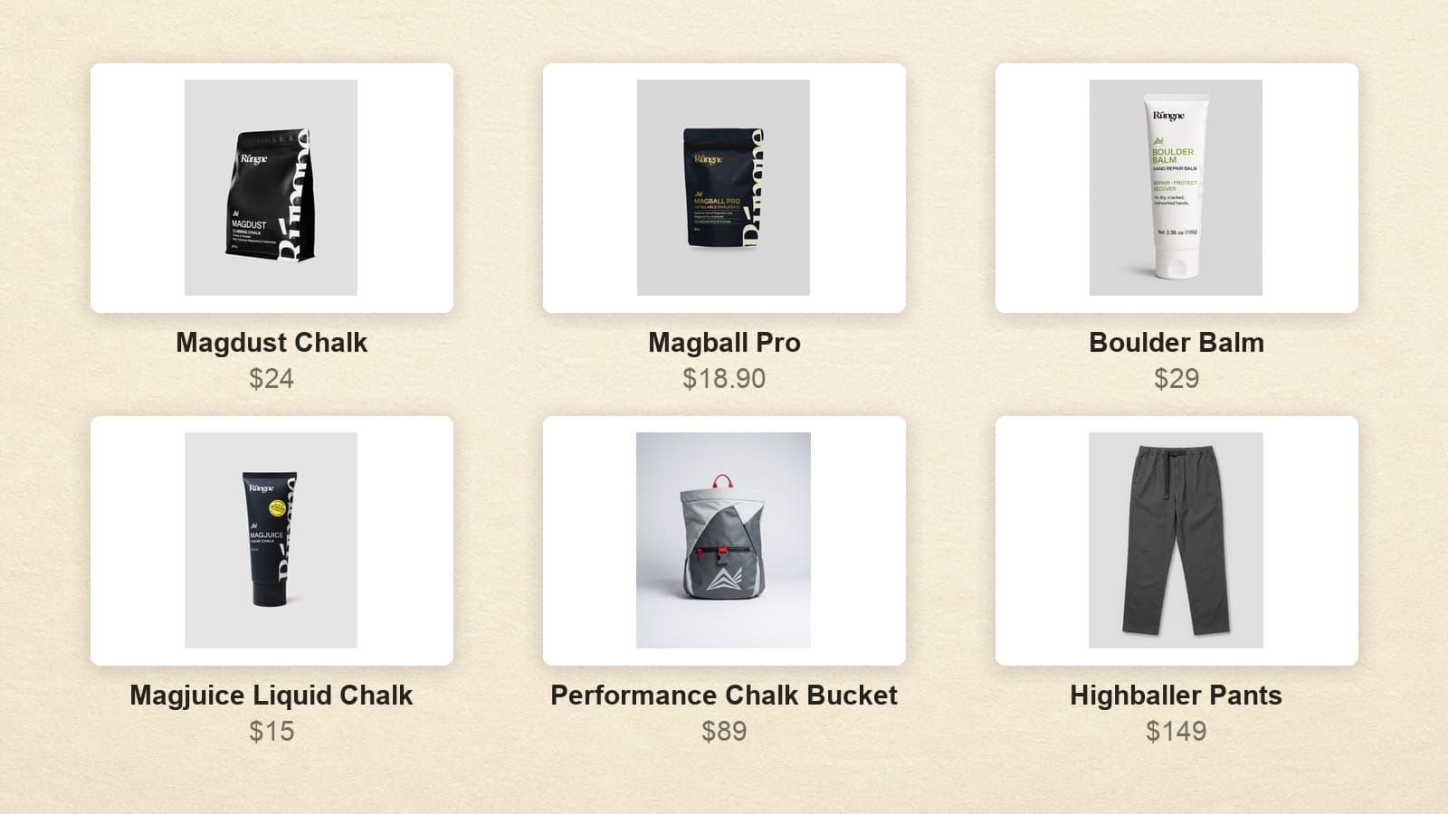 Six real Rúngne products photographed by the brand, Magdust chalk, Magball Pro, Boulder Balm, Magjuice liquid chalk, the Performance Chalk Bucket and Highballer Pants, with their listed prices