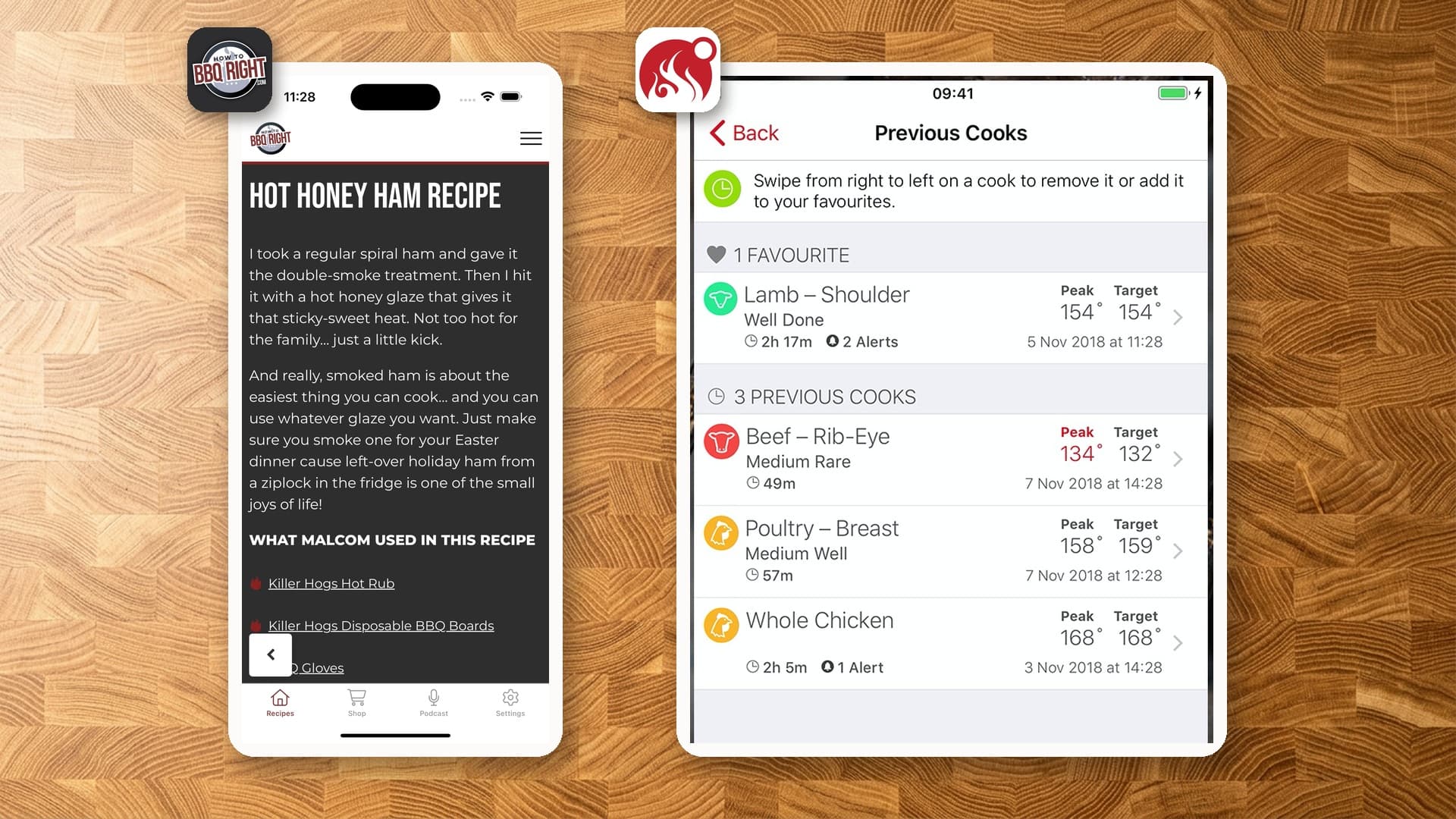 The HowToBBQRight iPhone app recipe screen next to the MEATER app's Previous Cooks list, which stores each cook by name, peak temperature and date
