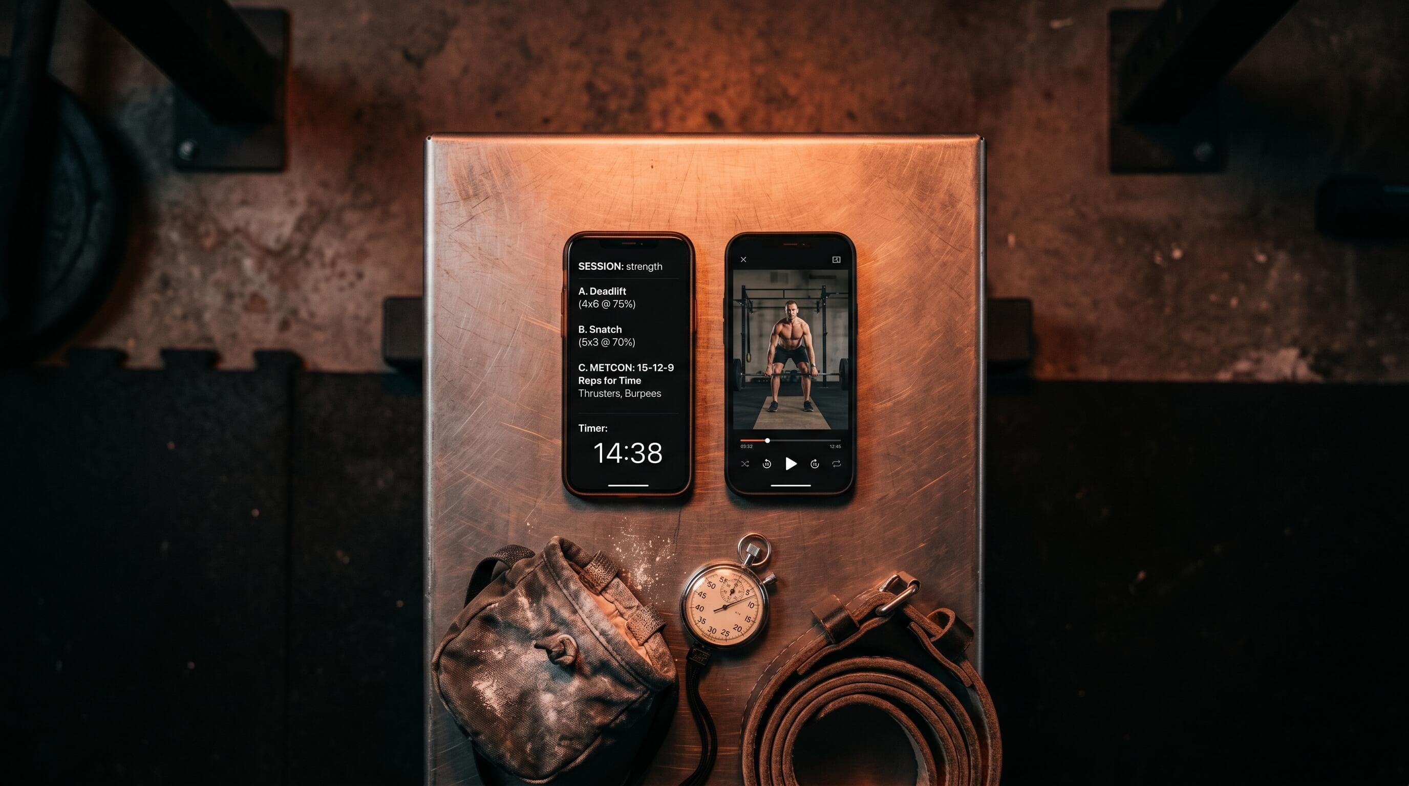 Mat Fraser HWPO Training app on a phone next to a barbell in a gym
