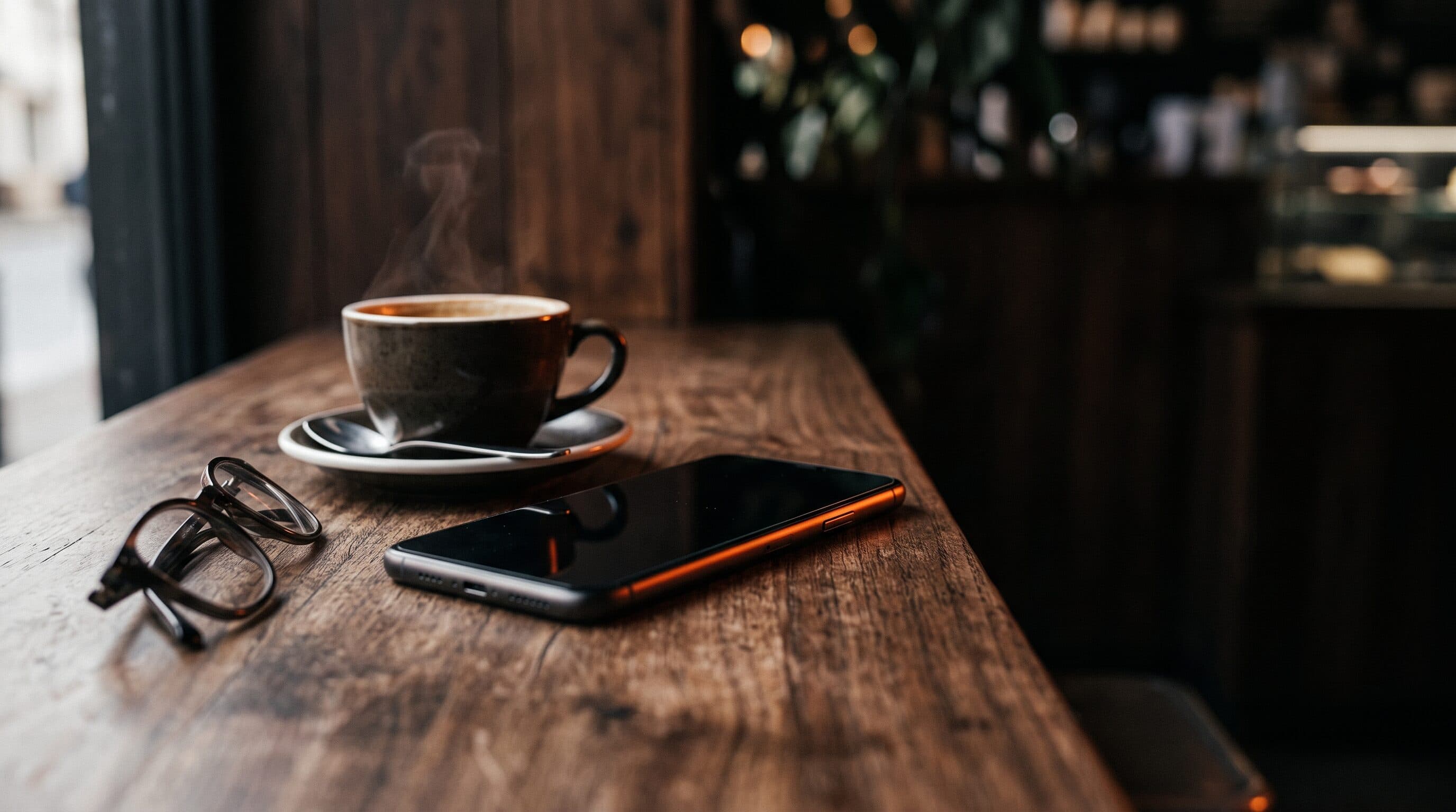 A smartphone with a dark screen resting on a warm cafe table beside a coffee and glasses, lit with soft orange light, representing personal coaching in your pocket