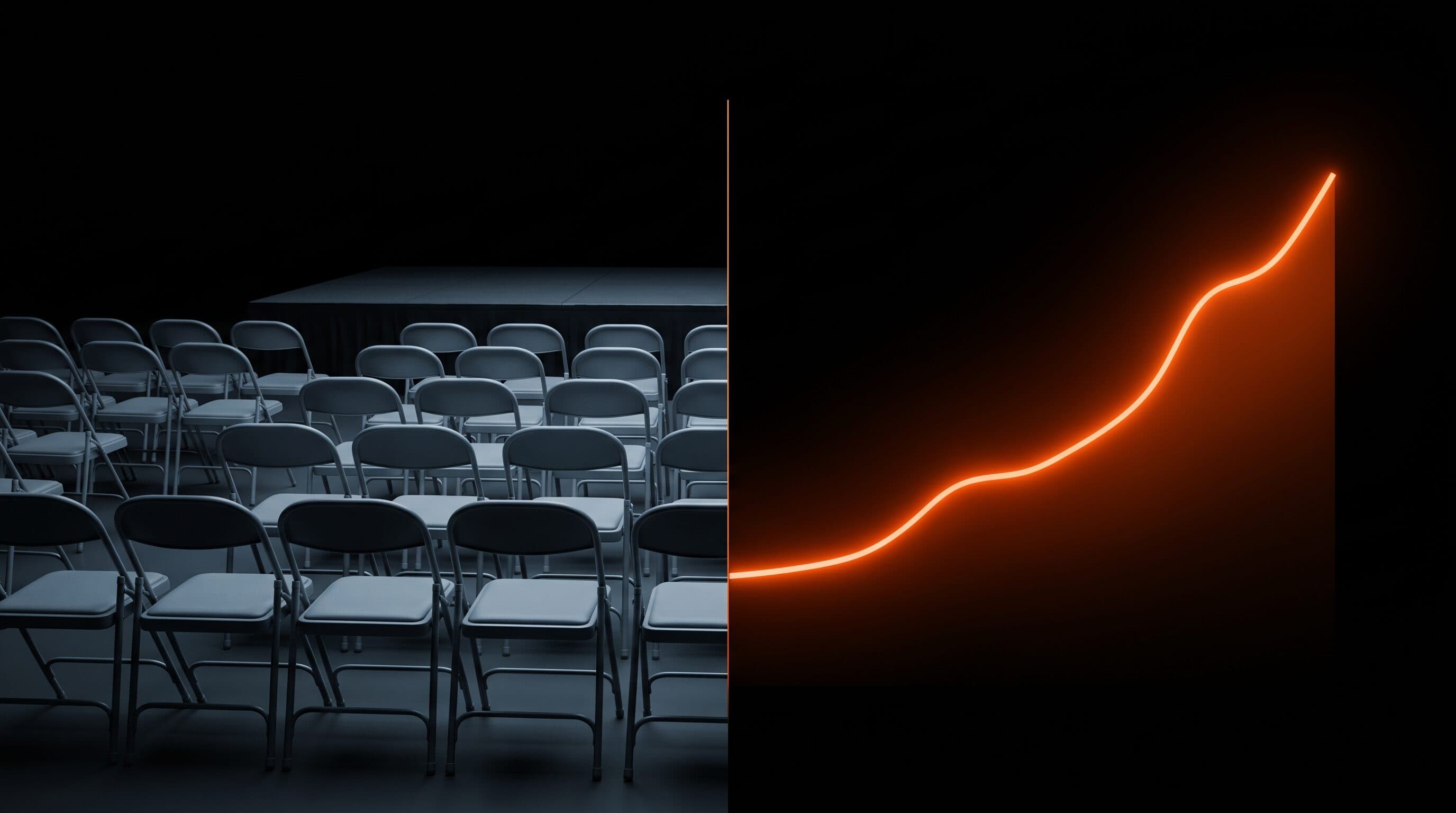 A split image contrasting empty grey seminar chairs on the left with a glowing orange recurring-revenue curve climbing on the right