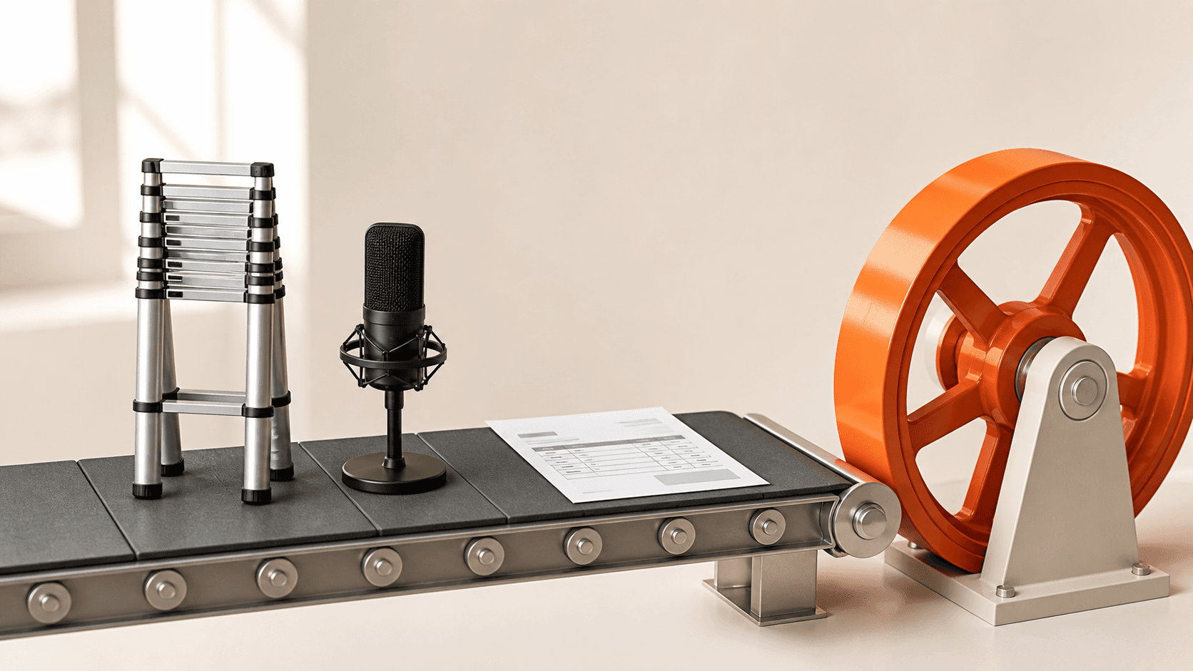 A Career Ladder, studio microphone, and completed invoice reaching a recurring flywheel