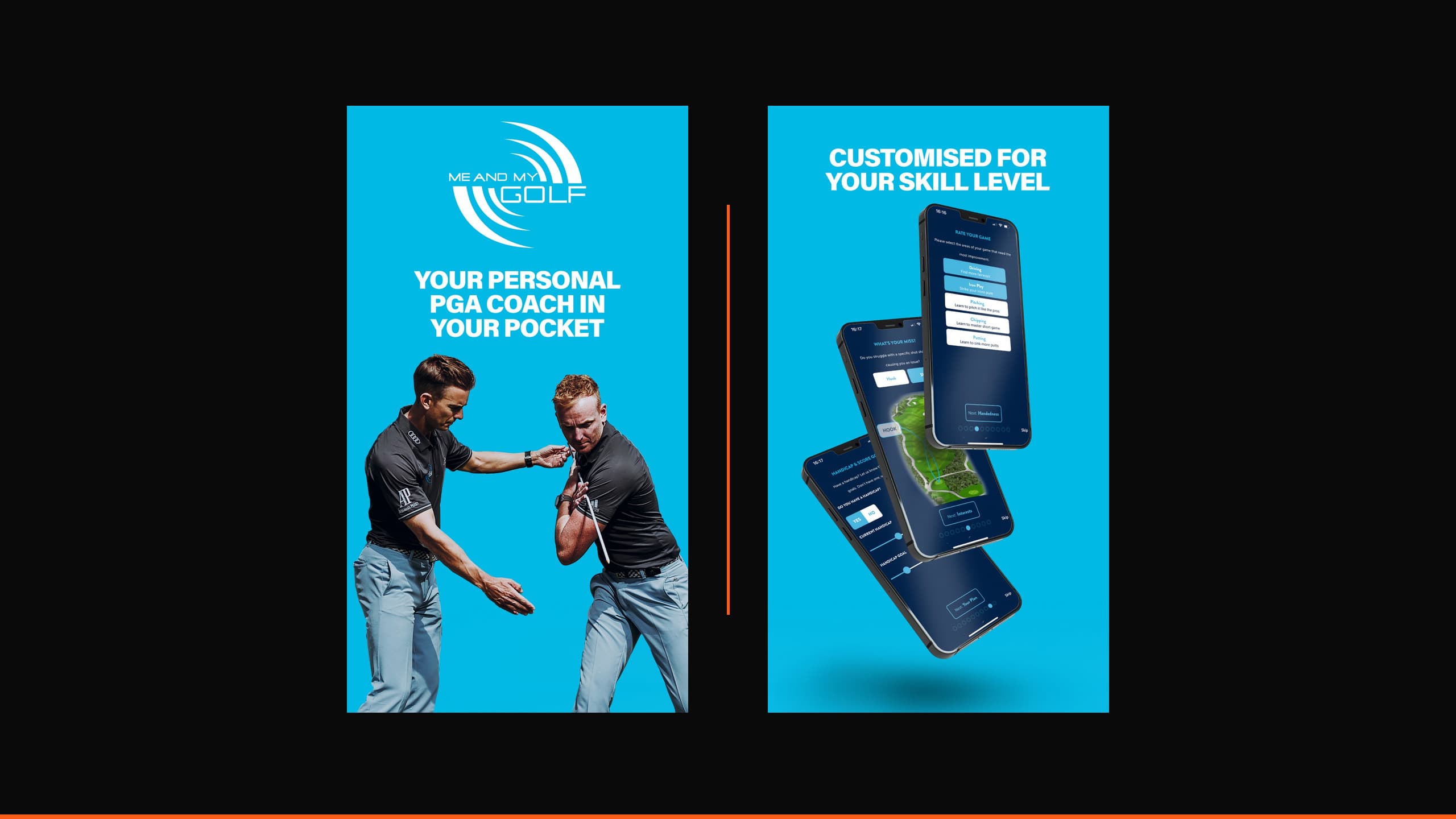 MeAndMyGolf App Store screenshots showing the two PGA coaches and the app's personalized onboarding on a dark background