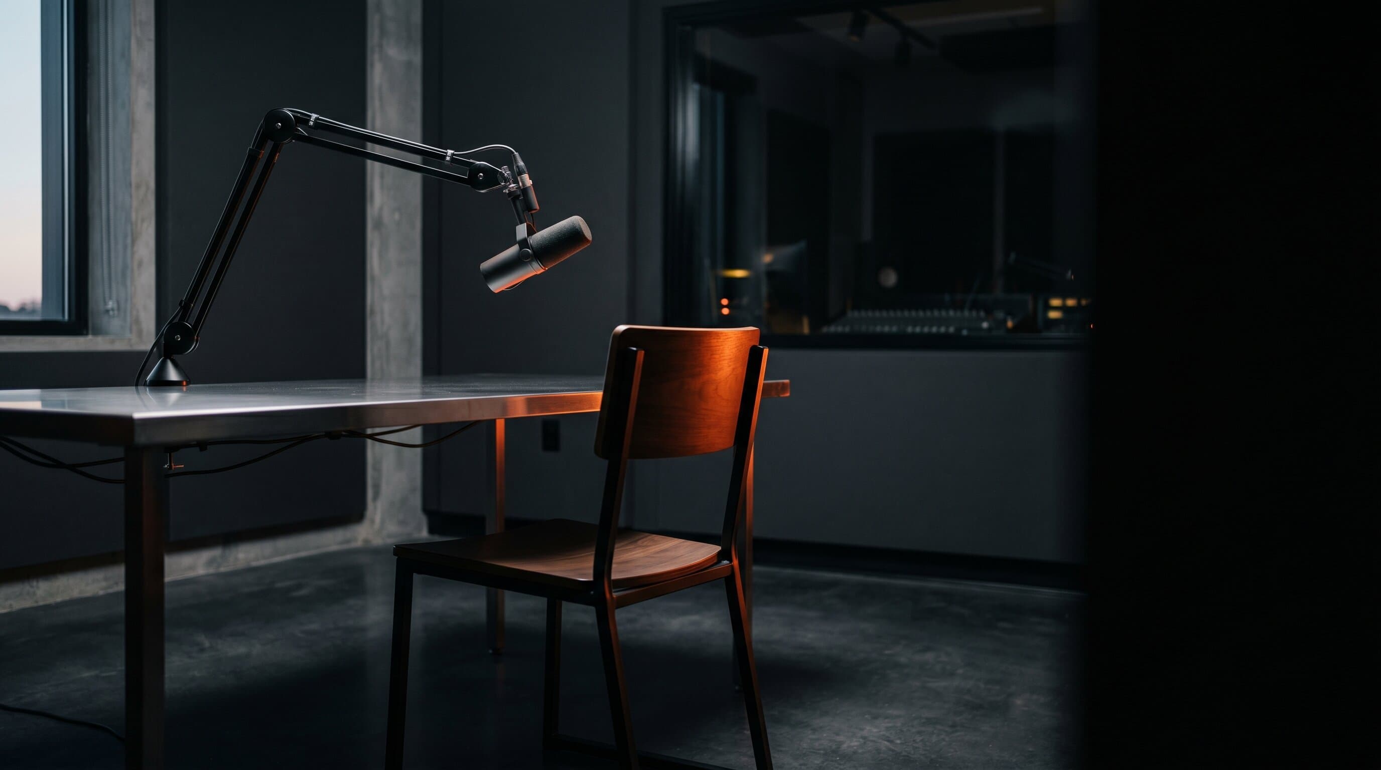 Empty podcast studio with warm orange accent lighting representing the Mel Robbins Podcast