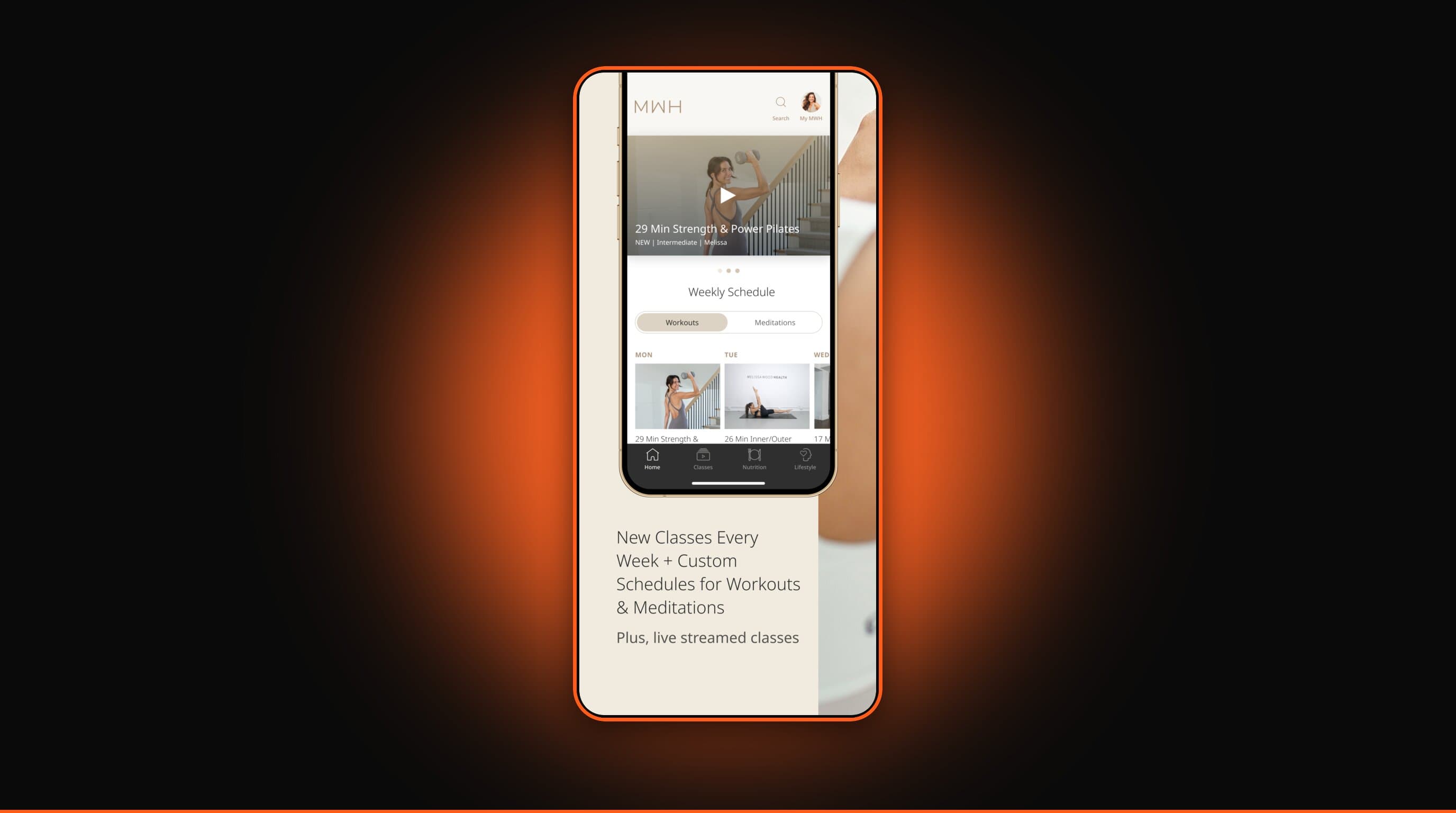 The MWH app home screen showing a featured Pilates class, weekly schedule, and workout and meditation tabs