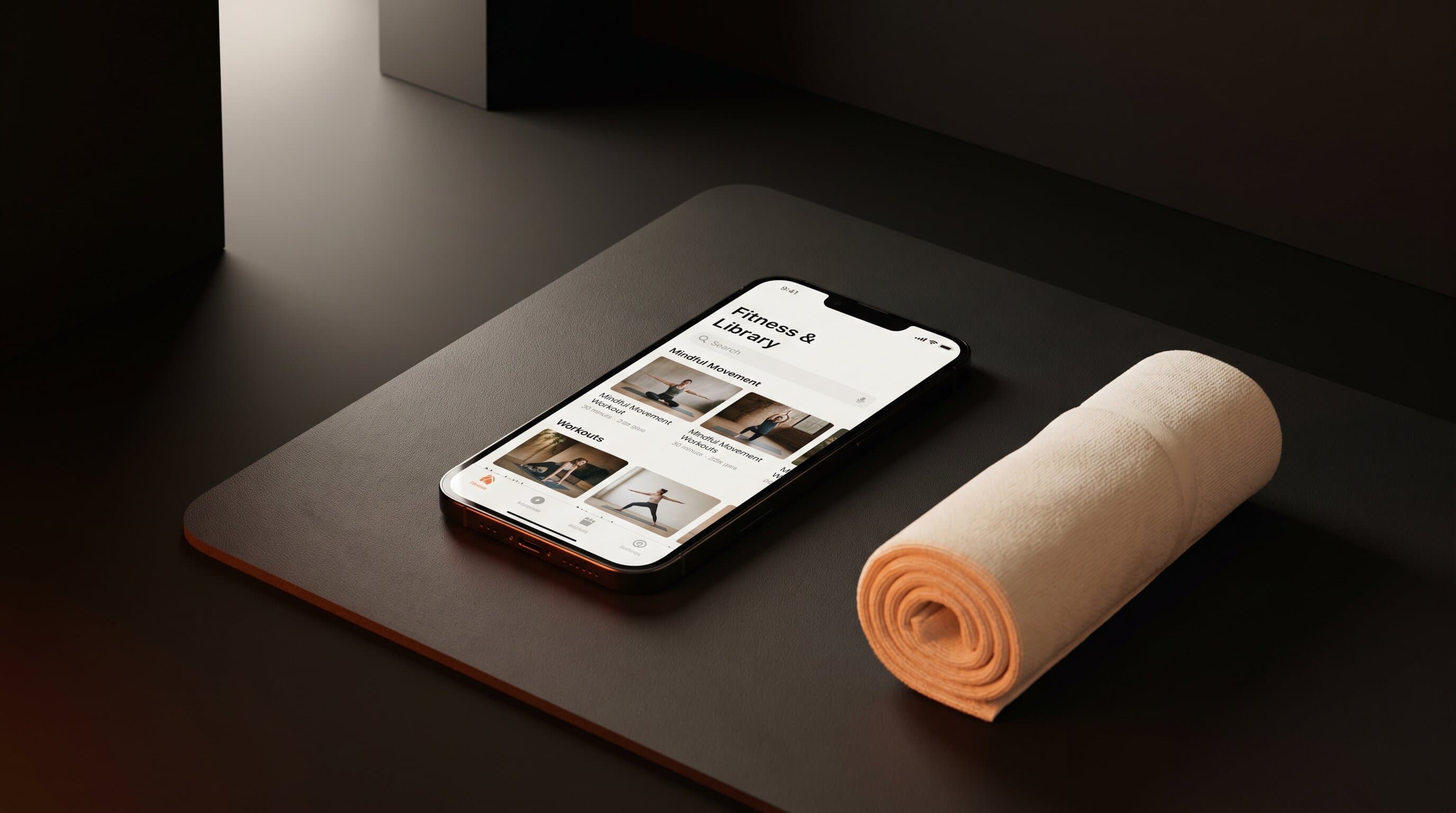 A smartphone displaying a wellness fitness app library on a dark mat, lit by a single warm orange accent