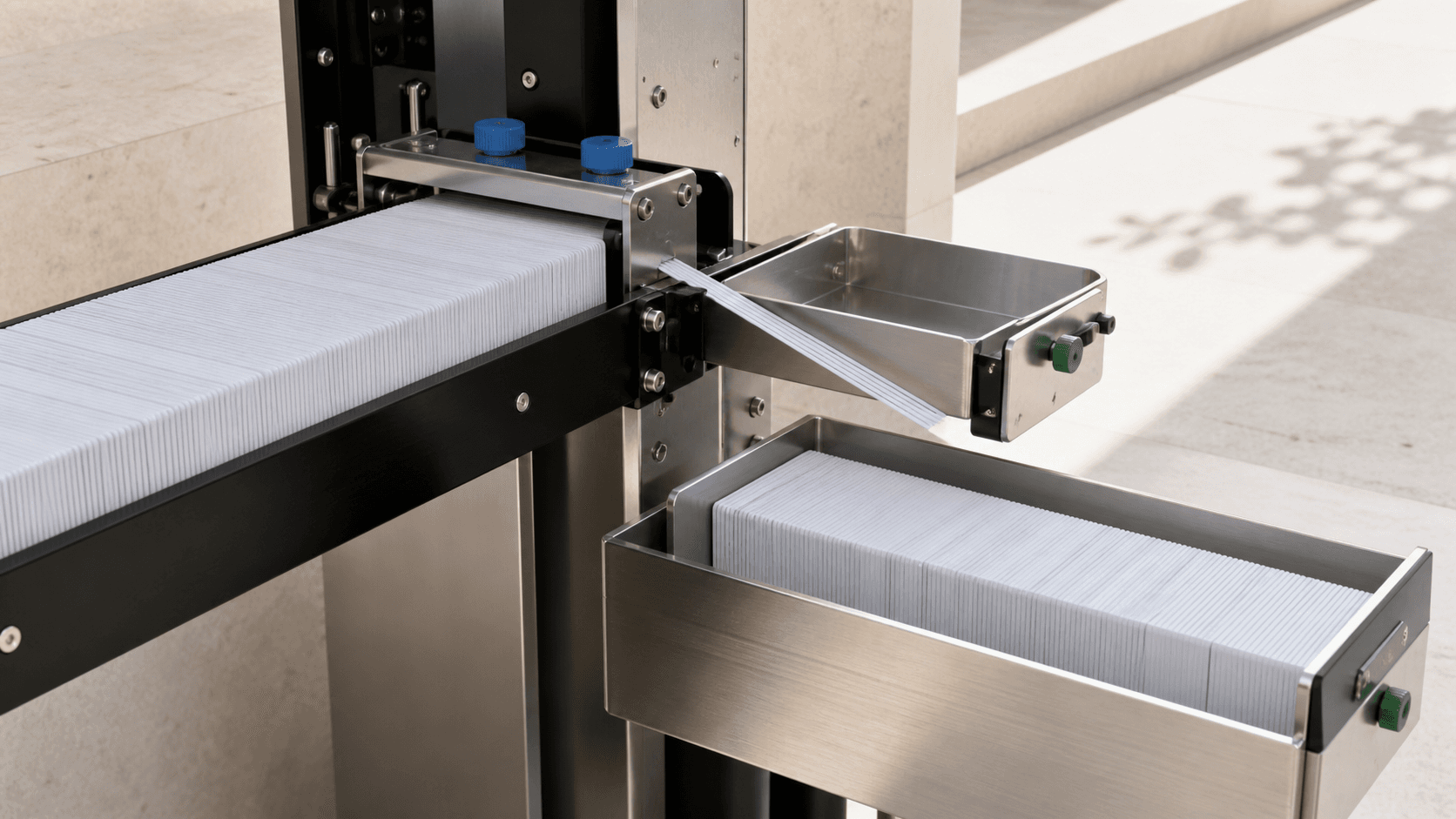 Membership cards passing through a precision fee splitter, with a narrow fee tray and a much larger creator revenue drawer