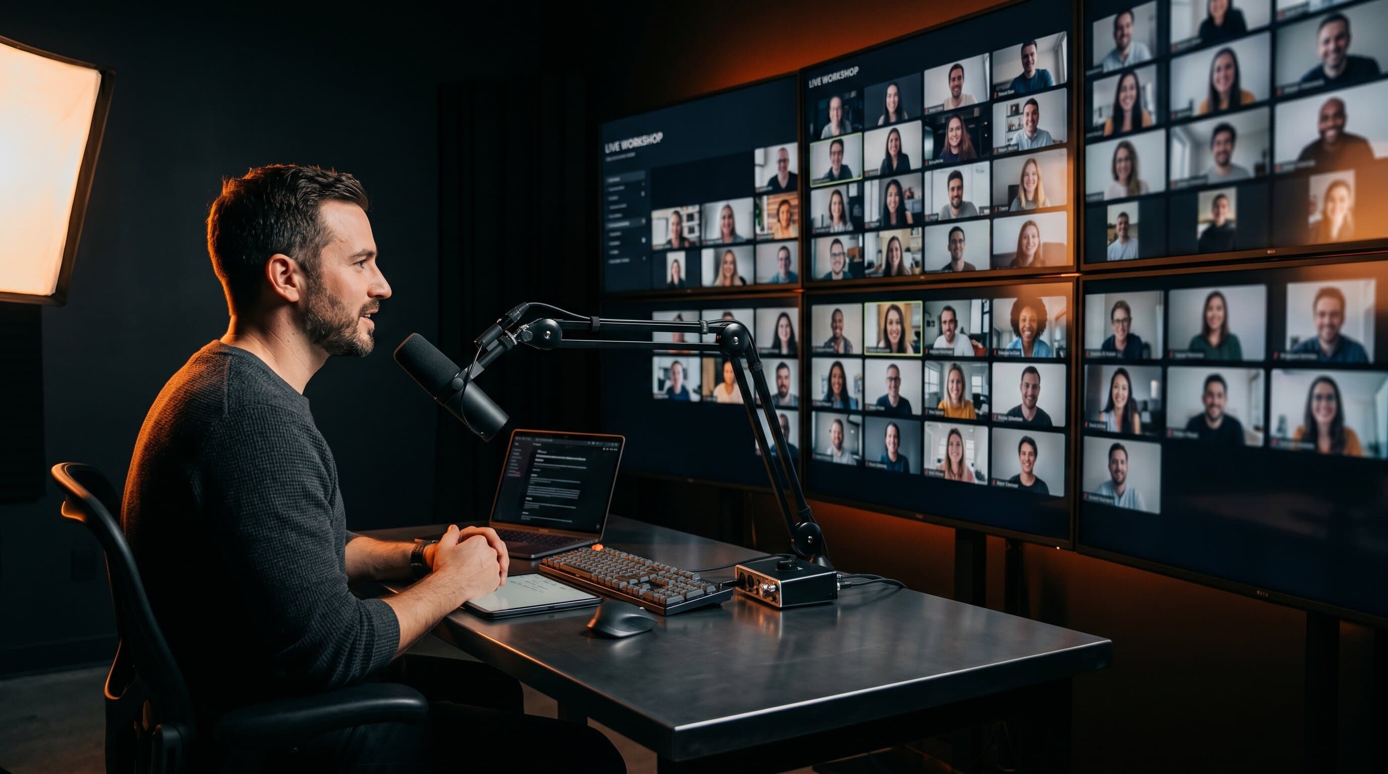 Cinematic shot of a creator running a live virtual workshop with engaged audience faces on a wall of monitors, dark studio with warm orange rim lighting