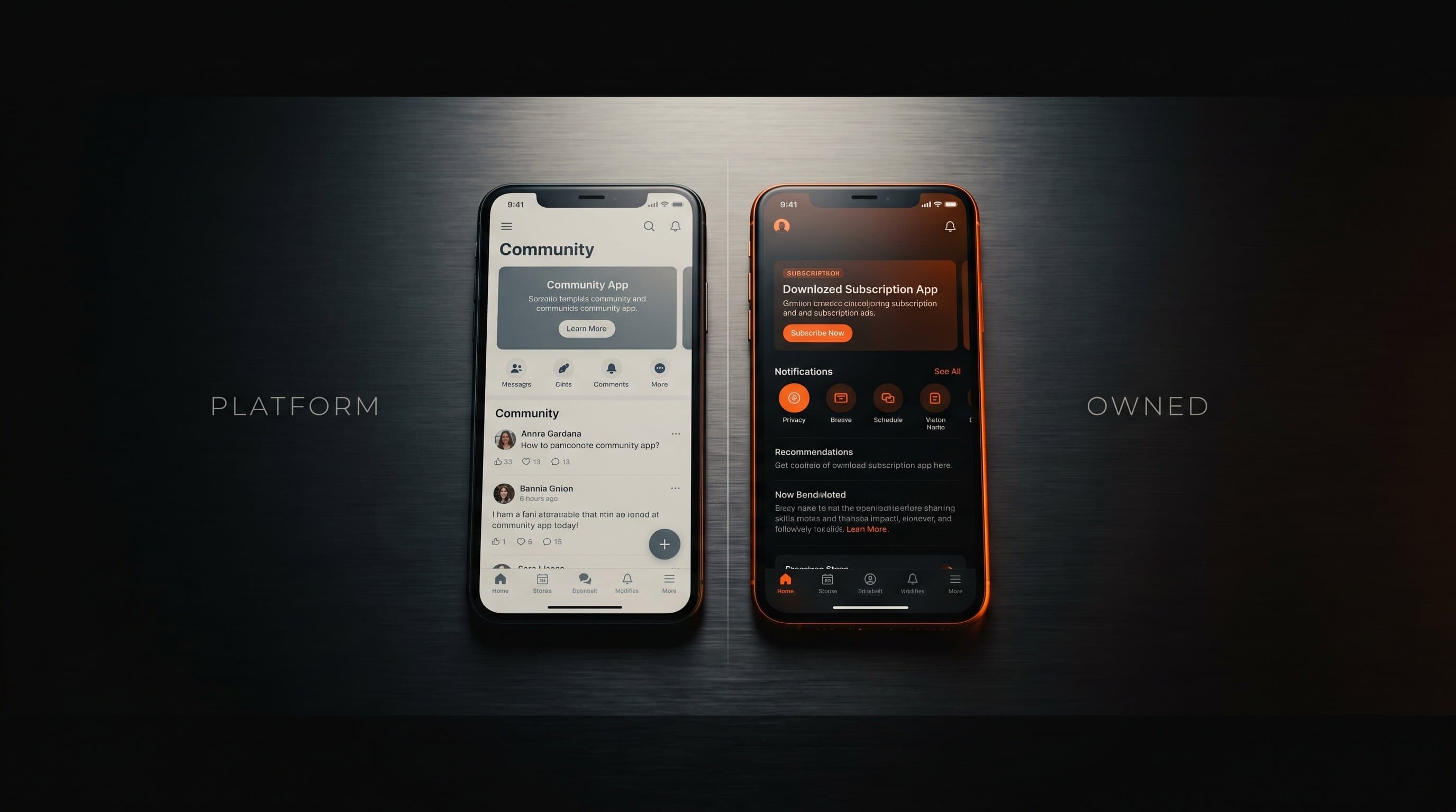 Side by side comparison: Mighty Networks branded app versus a custom subscription app on App Store, dark background with orange accents