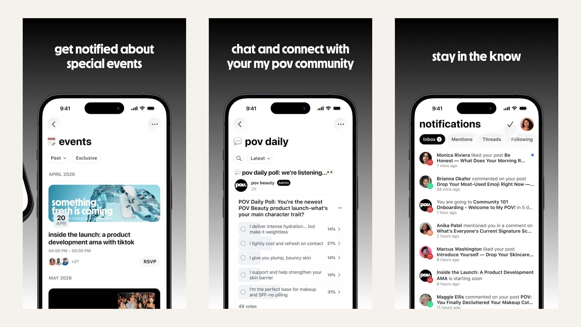 Three App Store screenshots of the My POV app: an events feed with an April 2026 product development AMA, the pov daily channel with a poll about the newest POV Beauty launch showing 49 votes, and a notifications inbox