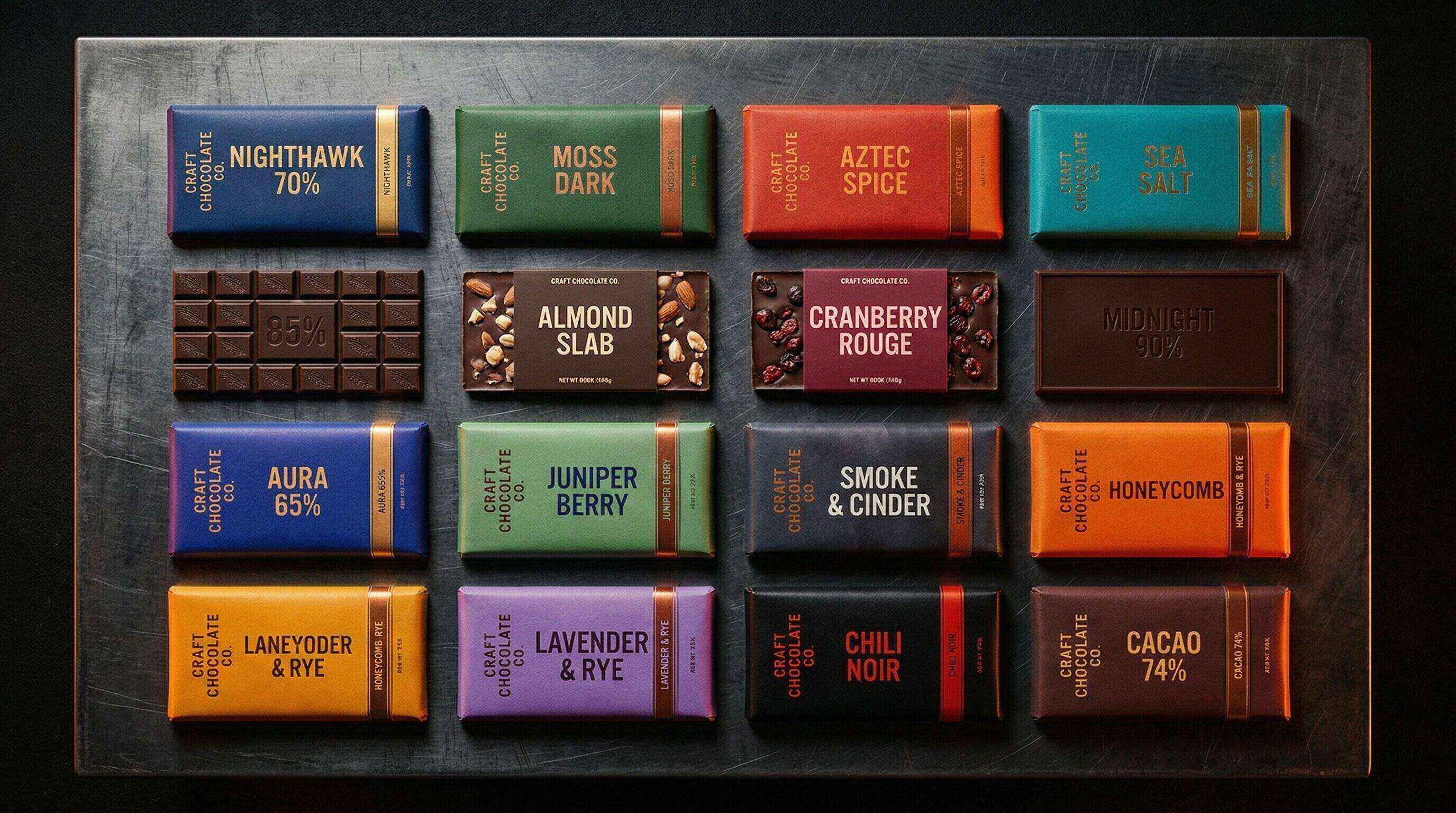Premium chocolate bars arranged on a dark surface, representing the scale of a creator-built consumer brand like Feastables