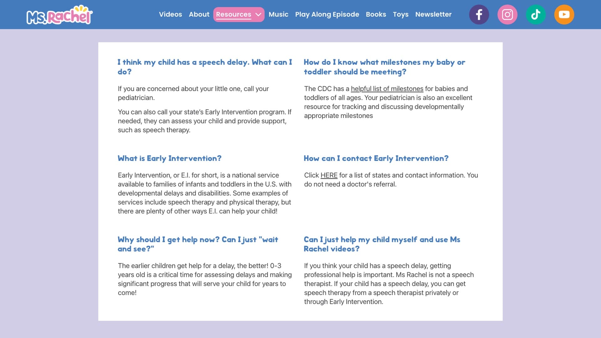 The Speech Delay Resources page on msrachel.com, answering questions such as "I think my child has a speech delay. What can I do?", "How do I know what milestones my baby or toddler should be meeting?" and "Can I just help my child myself and use Ms Rachel videos?"