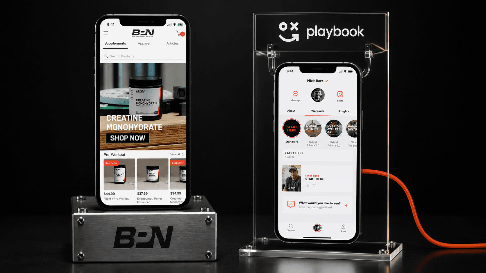 The exact BPN shopping app on an owned steel plinth beside Nick Bare Fitness hanging inside Playbook's rental frame