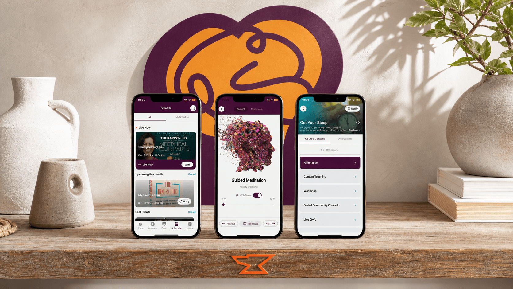 Three real SelfHealers Circle screens showing its live schedule, guided meditation, and structured course path beside the product and Built by Foundry marks