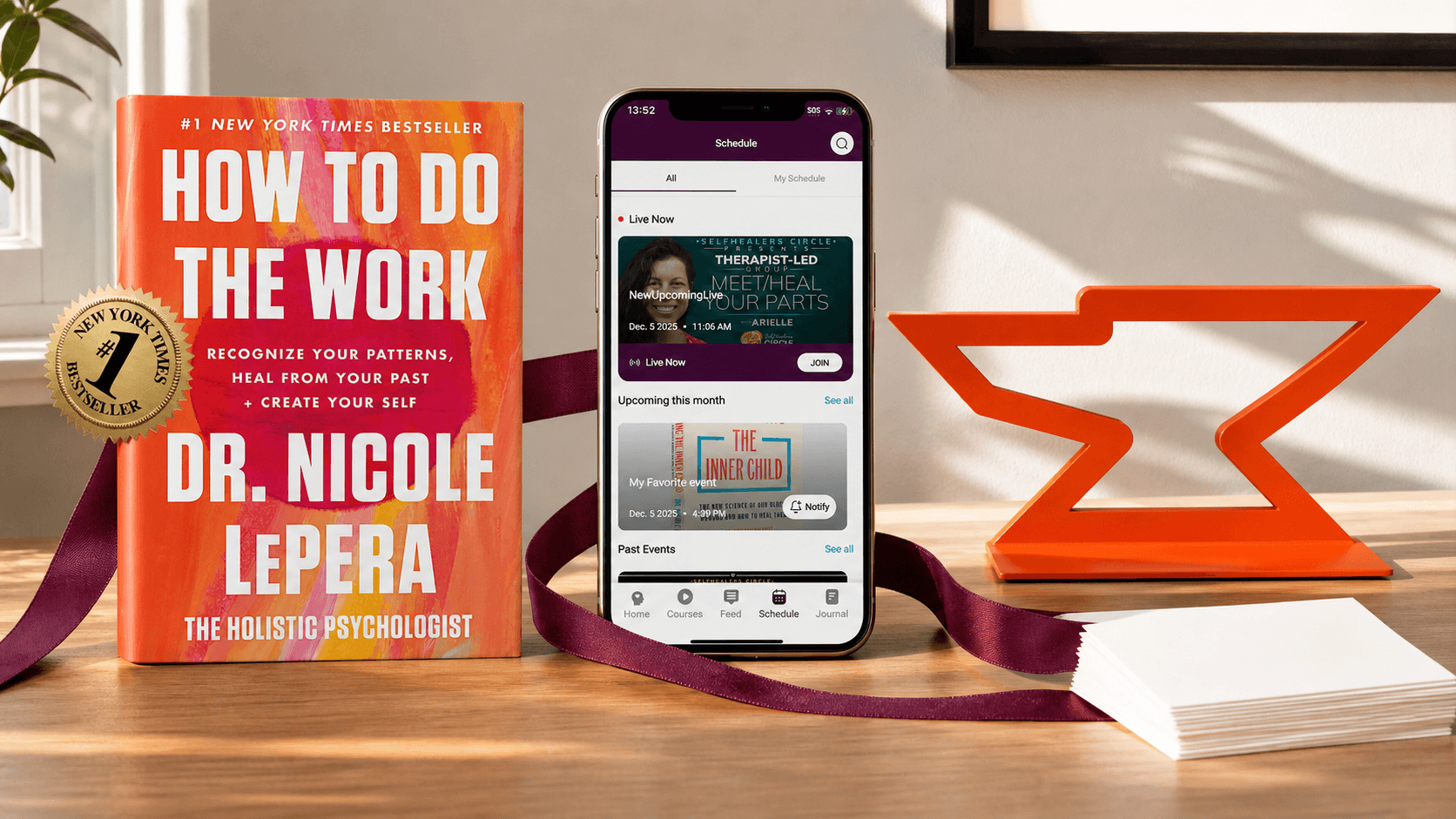 Nicole LePera's How to Do the Work beside the real SelfHealers Circle schedule and the Built by Foundry mark, connected by a continuous reflection ribbon