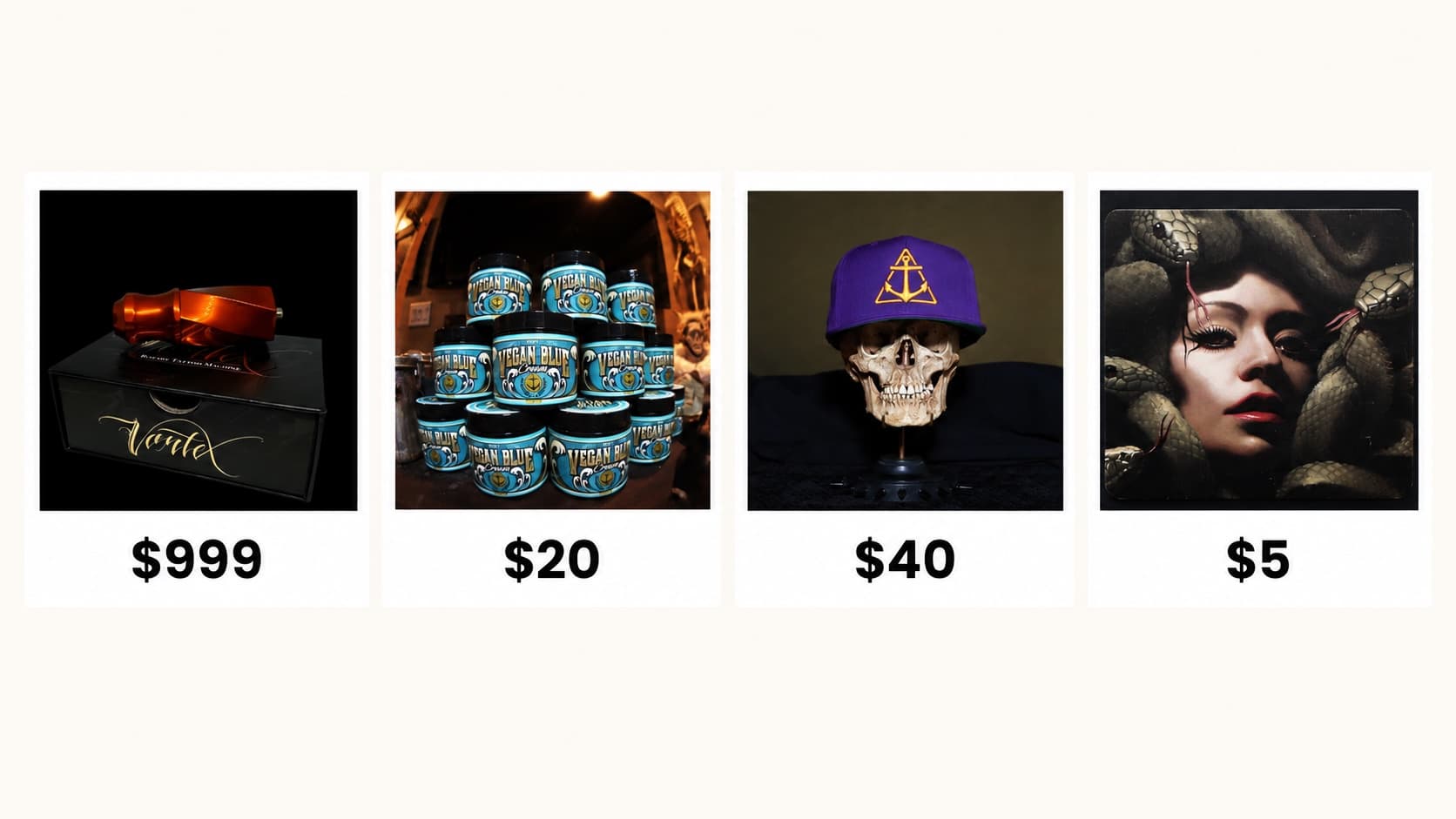 Four real products from the Nikko Hurtado store photographed on their own listings: the $999 orange Vortex rotary tattoo machine on its case, stacked jars of Vegan Blue tattoo ink at $20, a purple Black Anchor cap at $40, and the $5 Medusa mini print, dated September 17, 2026