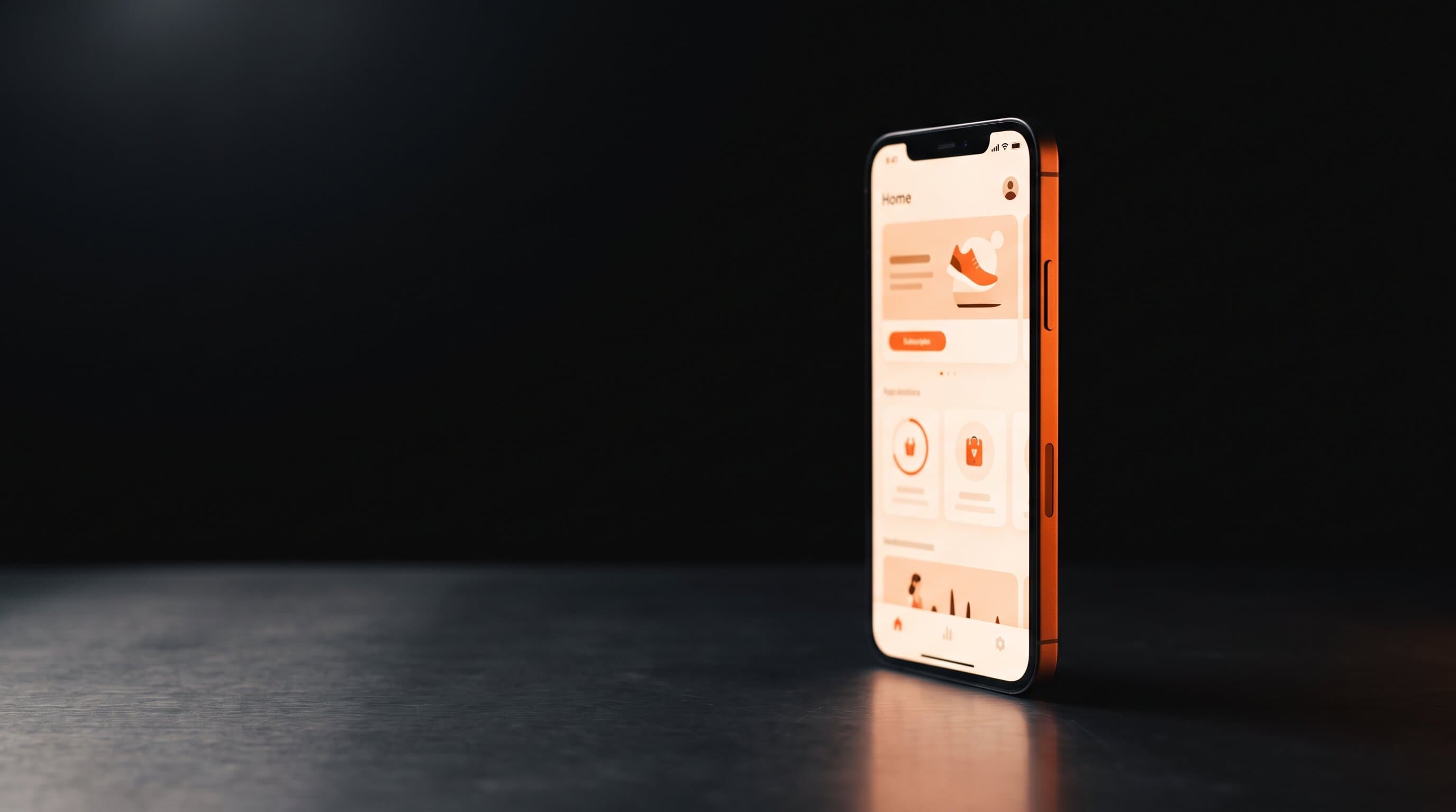 A smartphone on a dark surface showing a subscription app, lit with a warm orange accent, representing recurring creator revenue