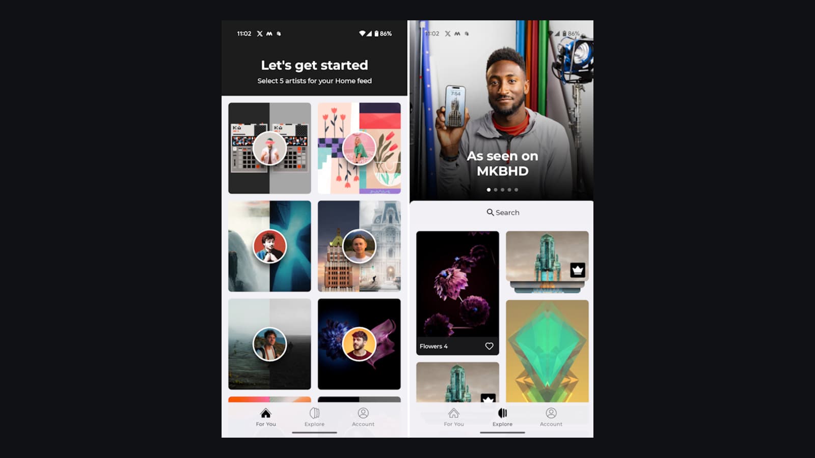Panels app interface showing the wallpaper selection and artist curation features