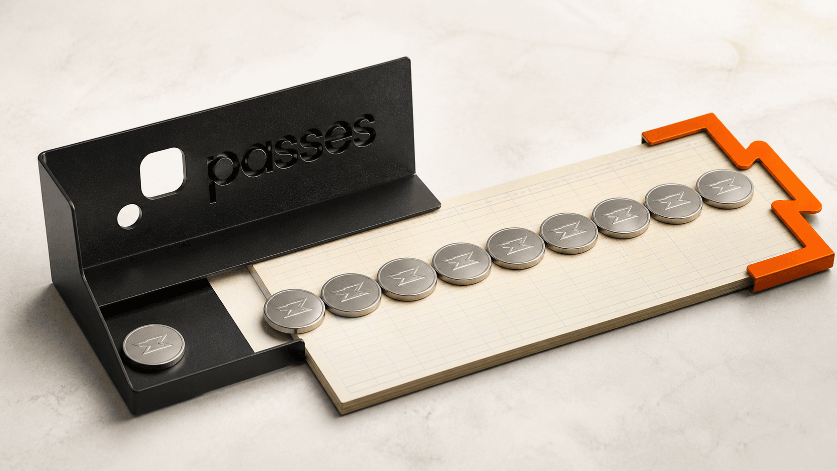 One revenue token entering a Passes fee tray while nine continue across an owned-business ledger framed by the Built by Foundry mark