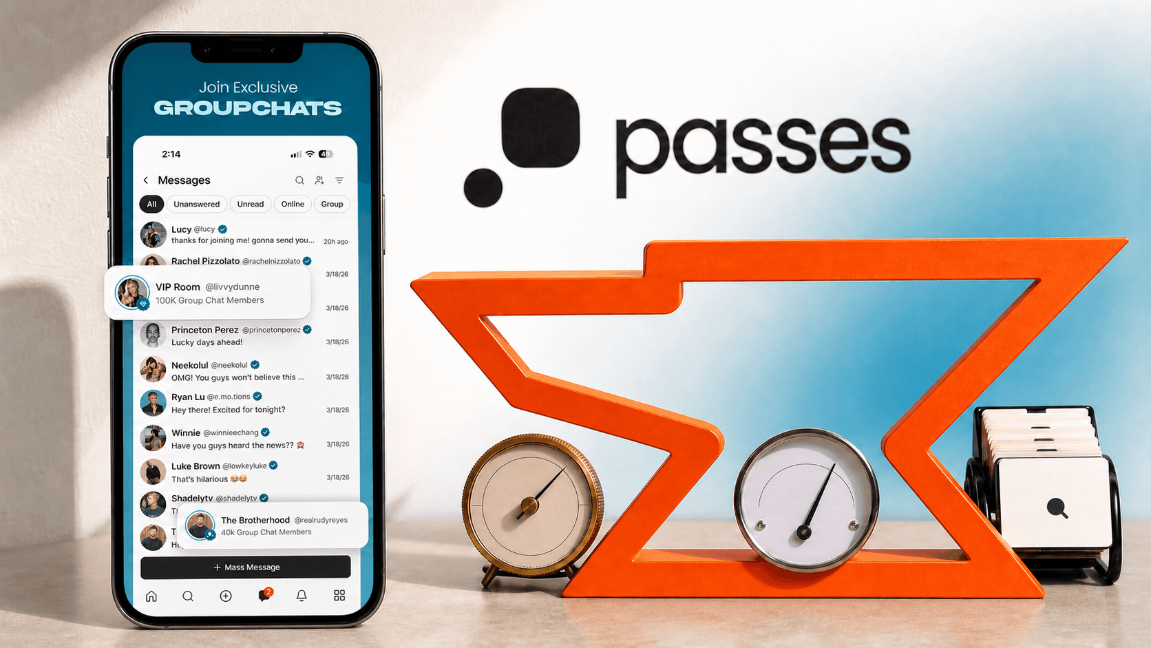 A real Passes group chat screen beside the Built by Foundry mark holding planning, progress, and search tools