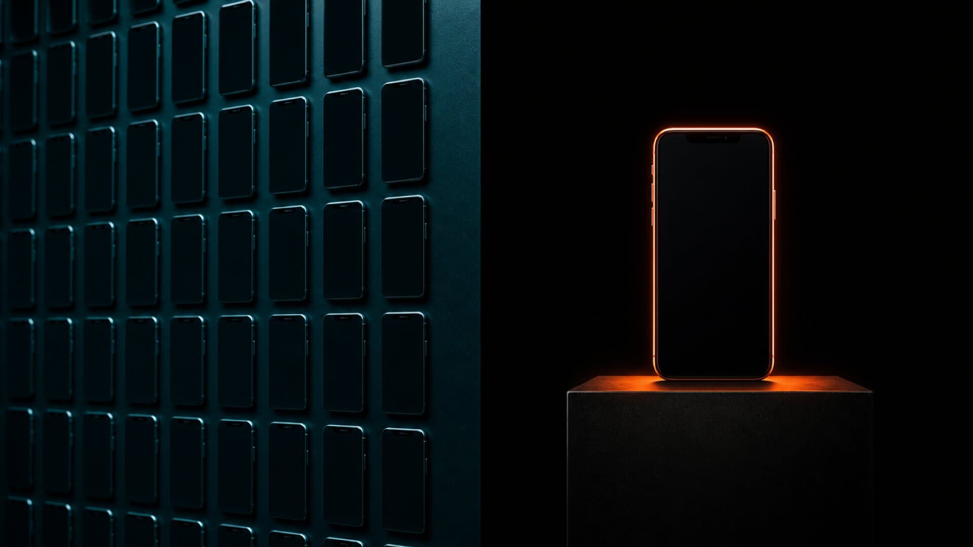 Split photograph contrasting a wall of identical dark template phones against a single phone glowing warm orange
