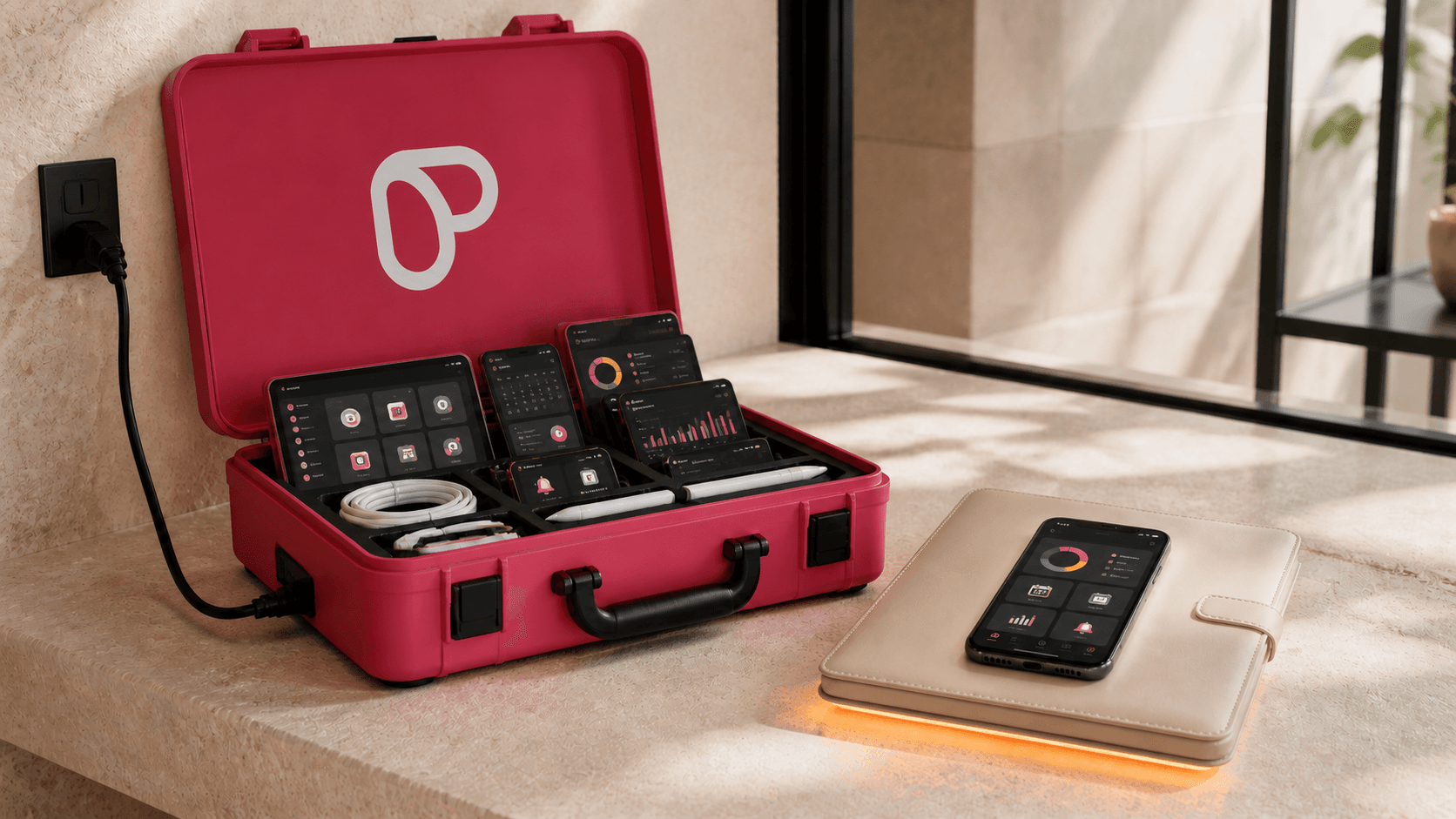 A tethered Passion.io toolbox full of app modules sits beside one finished, untethered creator app on a transfer folio