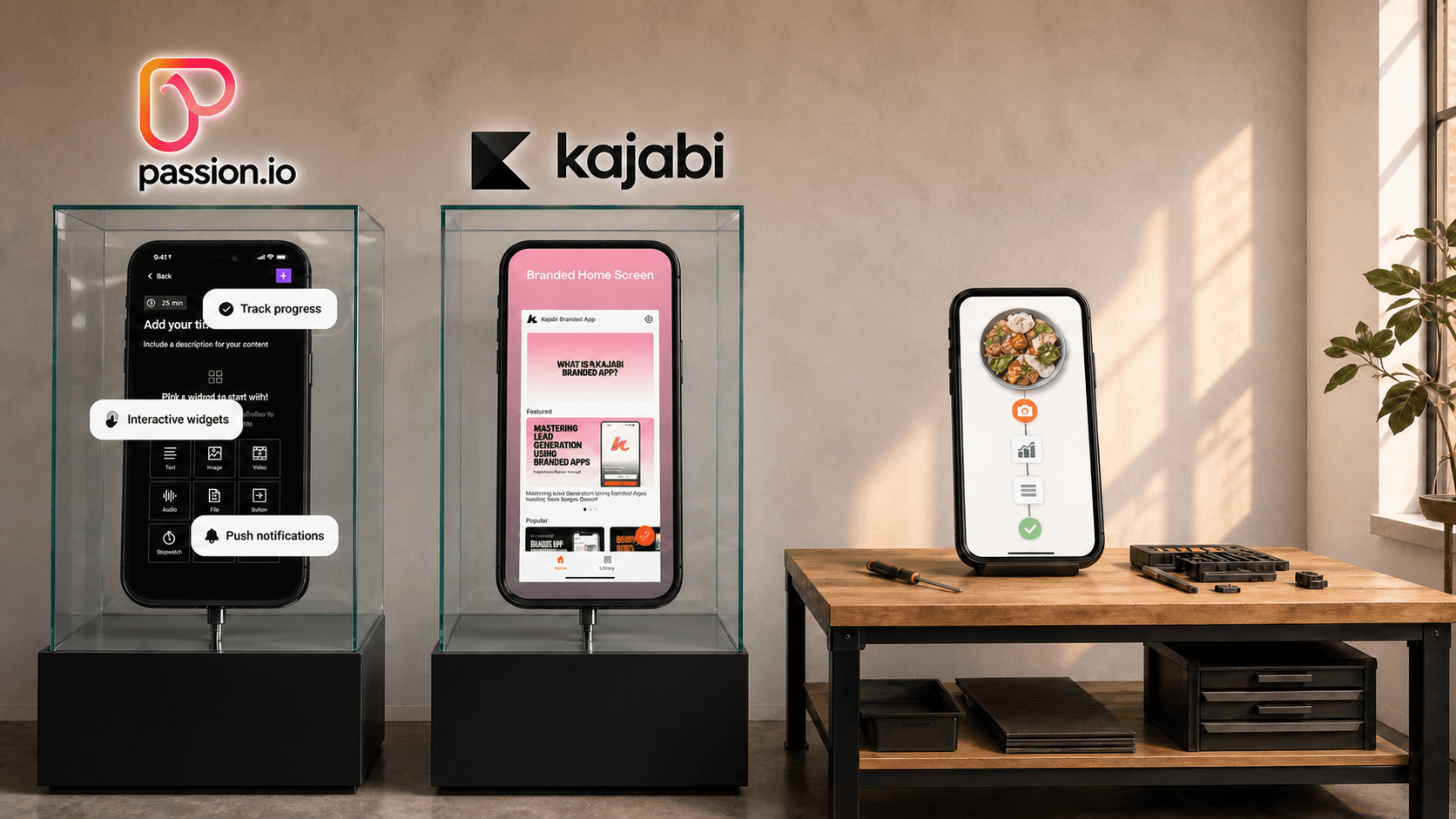 Passion.io and Kajabi phones in sealed display cases beside an open Built by Foundry custom-product workbench