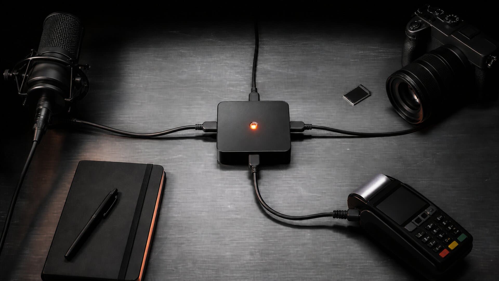 A microphone, camera, subscriber ledger, and payment terminal wired through one glowing central hub