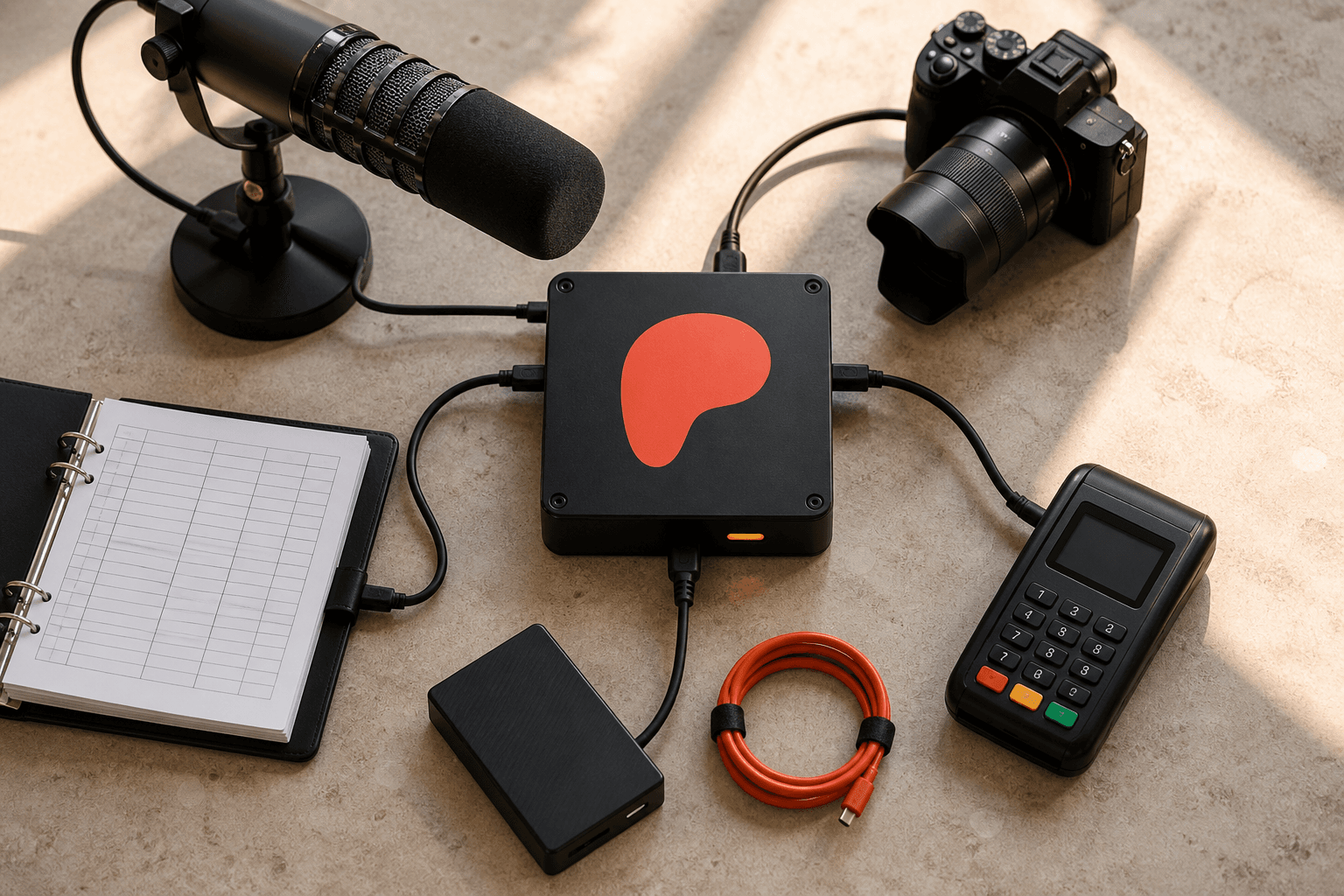A microphone, camera, member ledger, and payment terminal routed through a single Patreon control box beside an independent backup drive