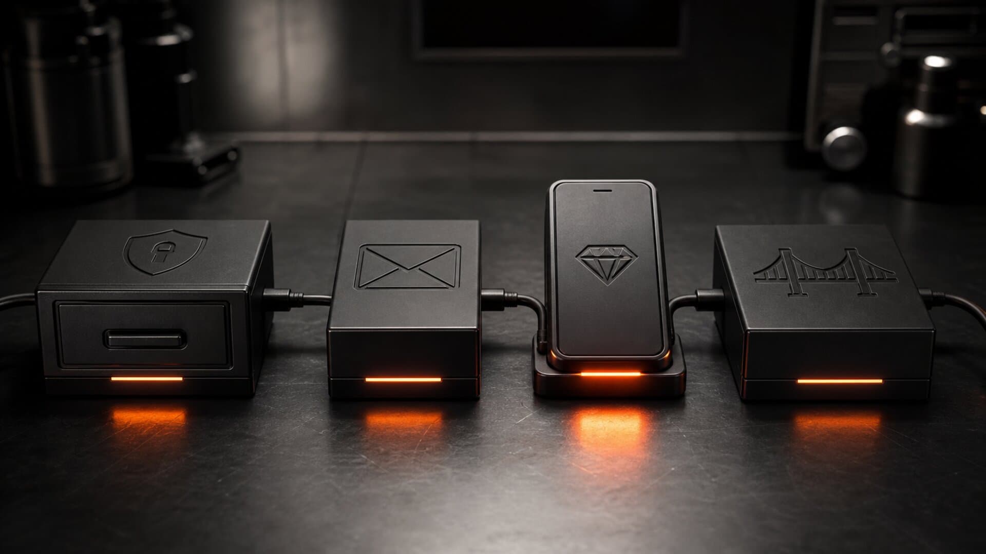 Four connected control modules representing data backup, direct contact, an owned app, and staged migration