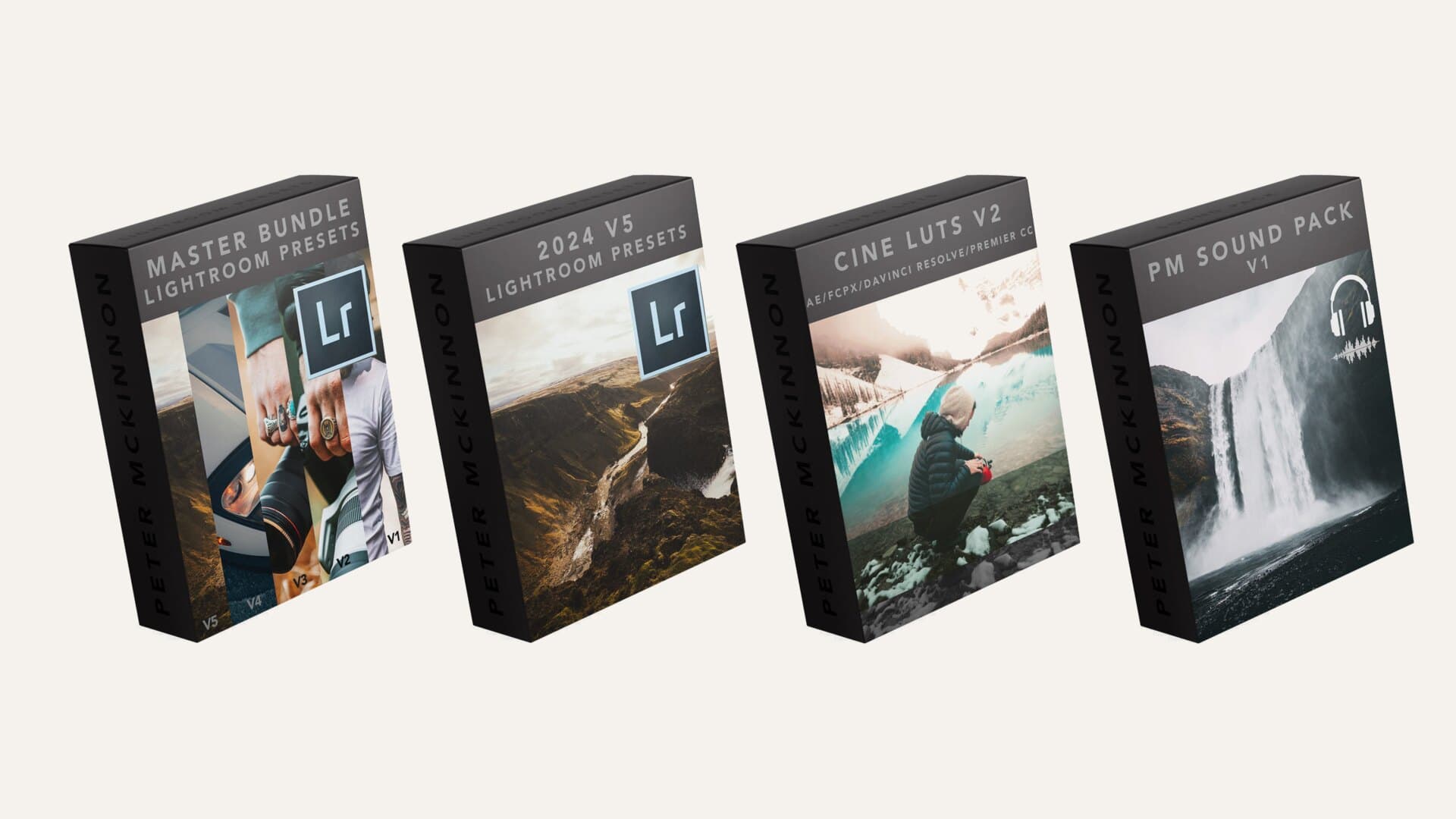 Four of Peter McKinnon's real product boxes in a row: the Lightroom Preset Master Bundle, 2024 V5 Presets, Cine LUTs V2, and PM Sound Pack V1
