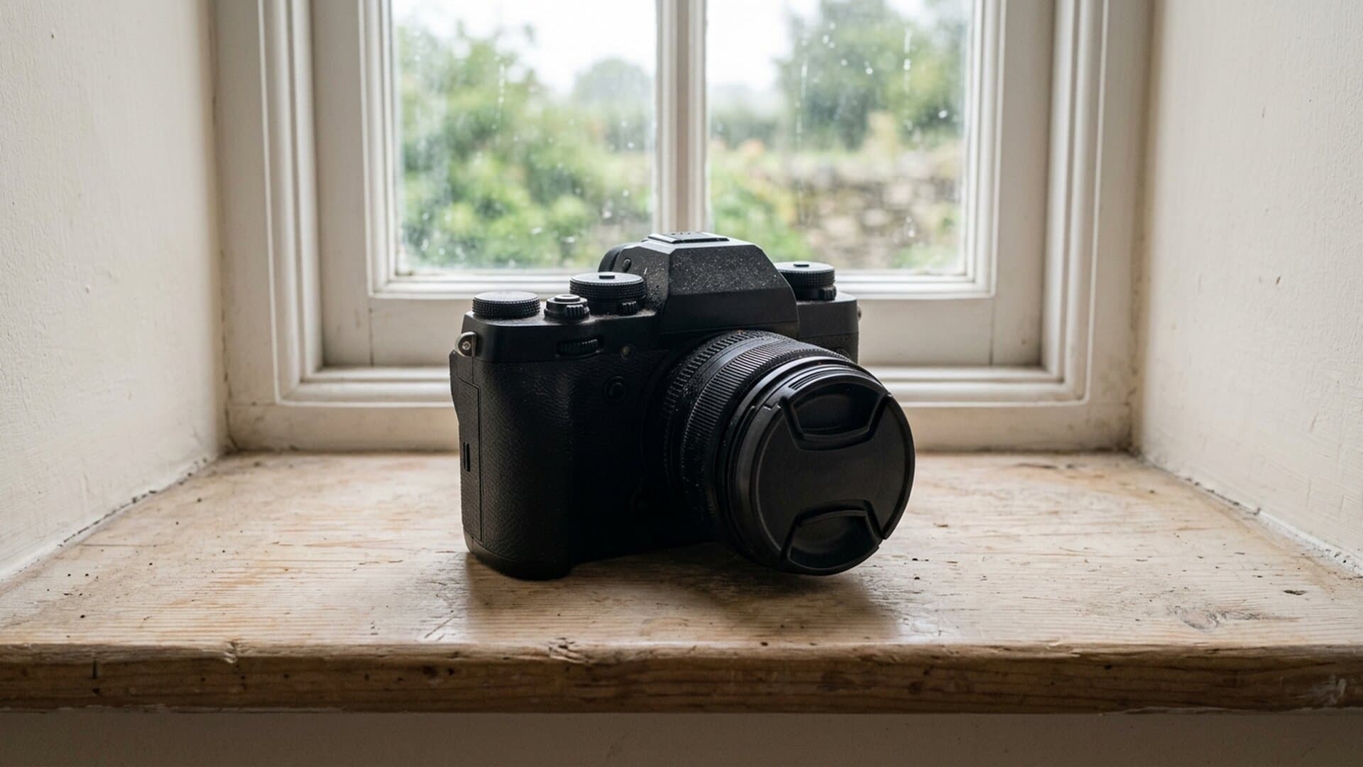 A camera resting on a windowsill with its lens cap still on in flat morning light