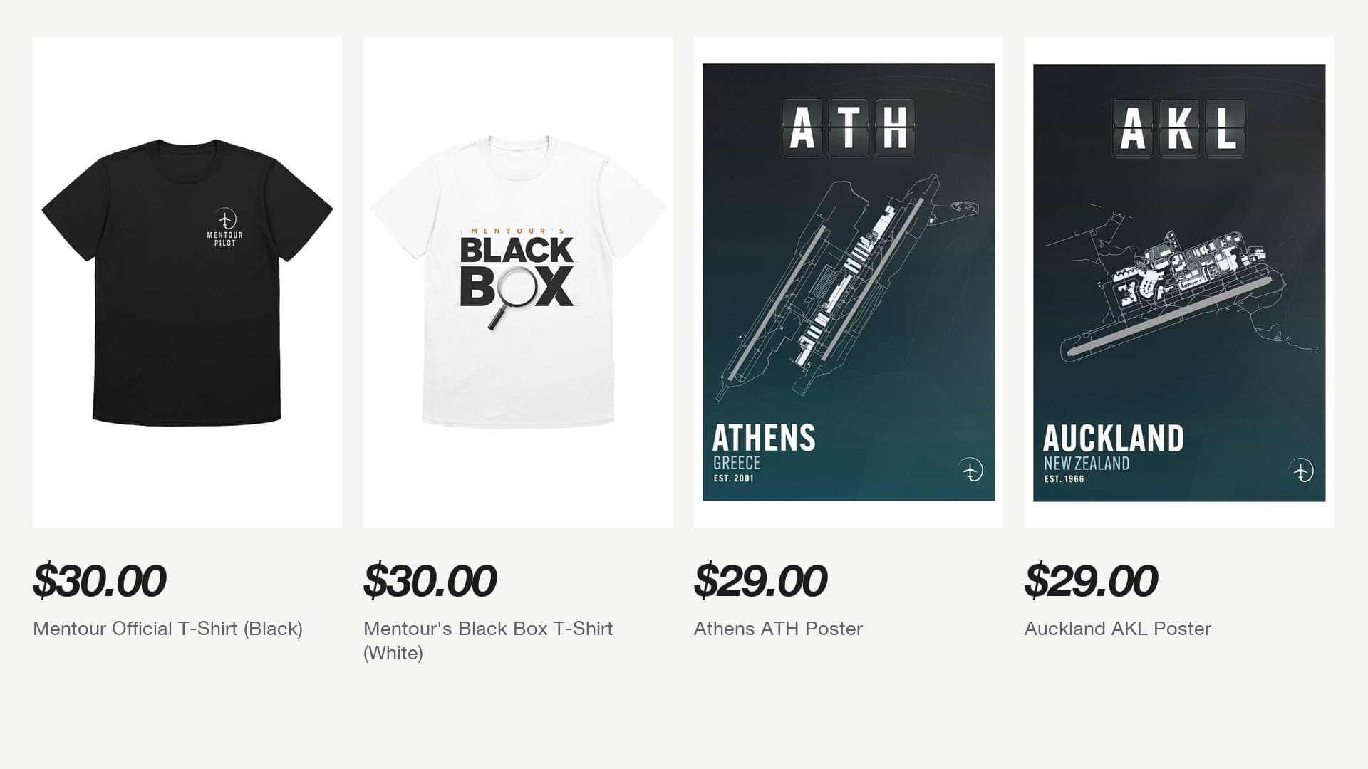 Four real products from the Mentour Pilot Fourthwall storefront shown with their listed prices: Mentour Official T-Shirt (Black) at $30.00, Mentour's Black Box T-Shirt (White) at $30.00, Athens ATH Poster at $29.00 and Auckland AKL Poster at $29.00