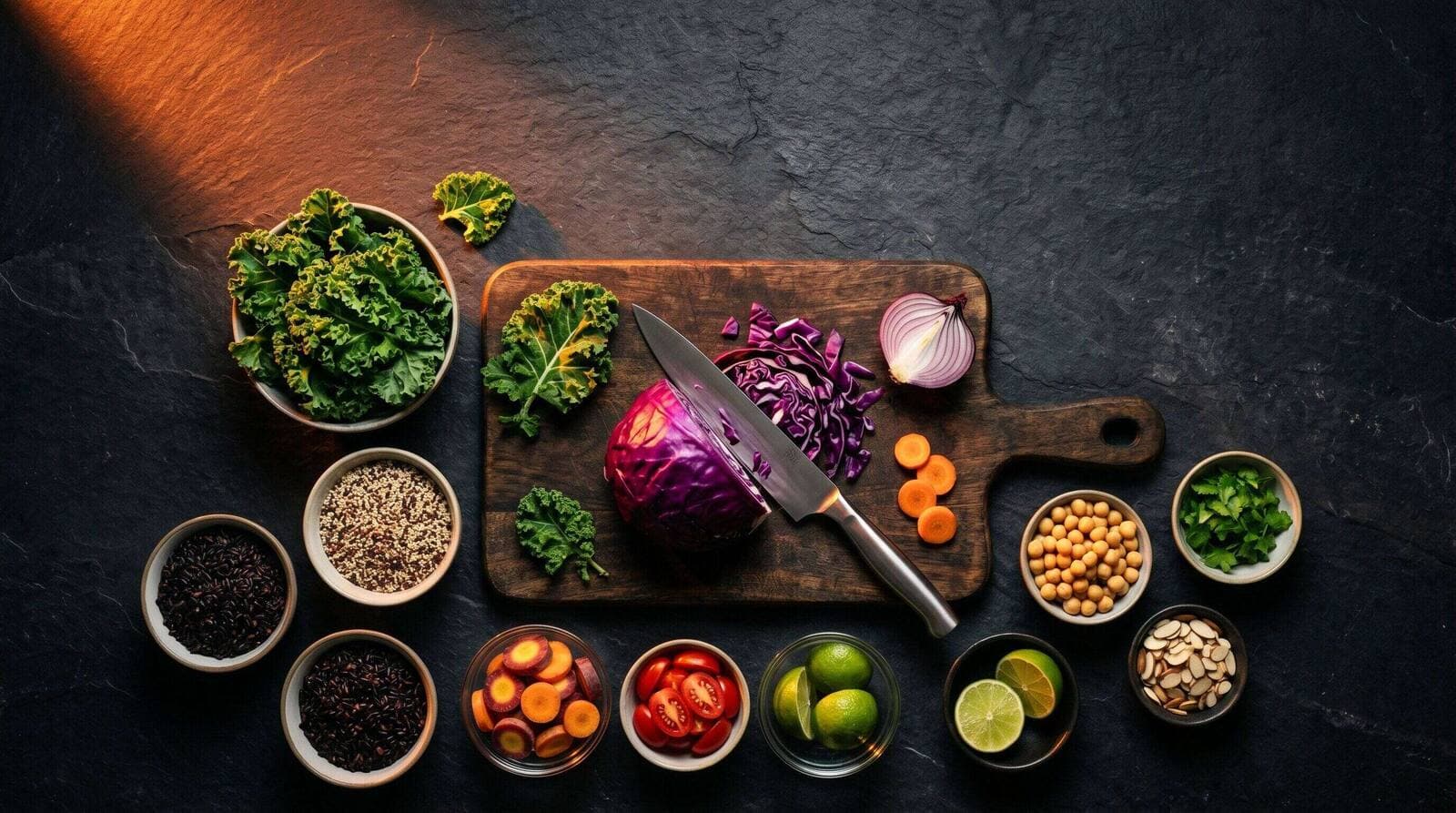 Plant-based ingredients prepped for a Pick Up Limes recipe