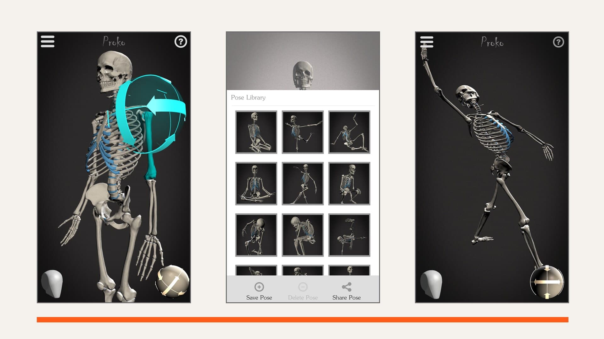 Three real screens from Proko's Skelly app side by side, showing the shoulder rotation control, the saved pose library, and a full reaching pose