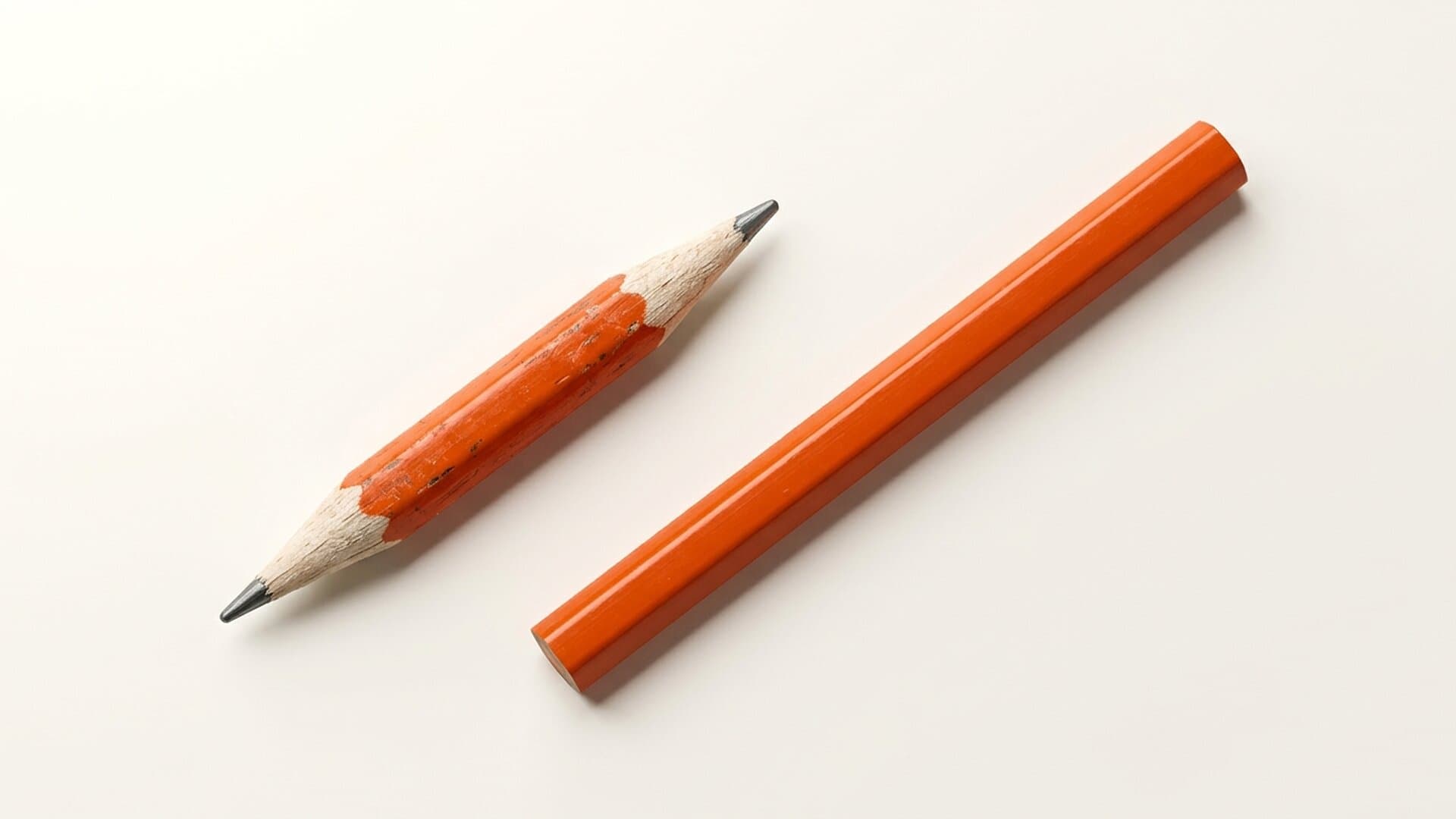 A stubby well-used orange pencil lying beside a full-length unsharpened one of the same color on a bright surface