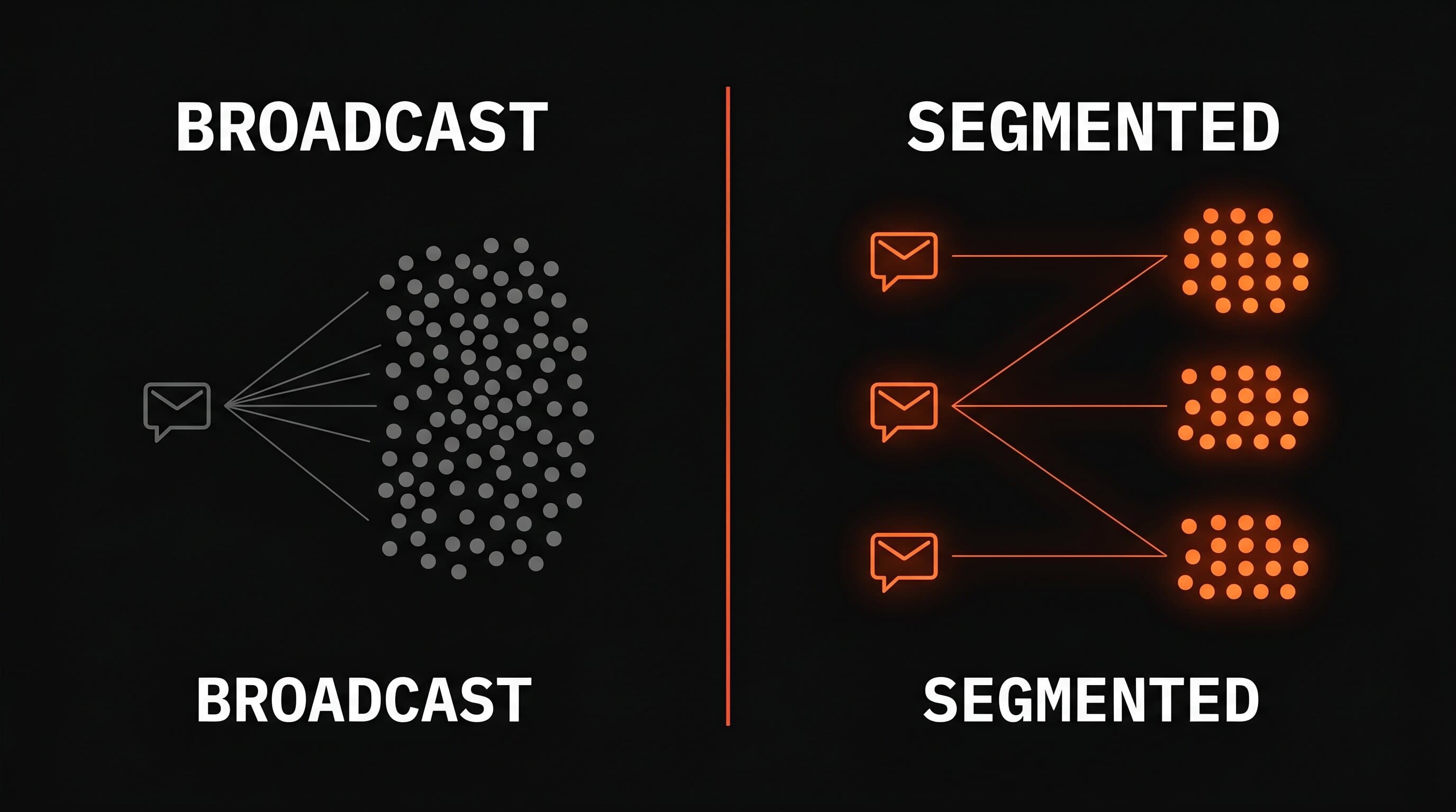 Diagram contrasting a broadcast push notification sent to one undifferentiated grey crowd versus segmented notifications targeted to three distinct user groups in orange