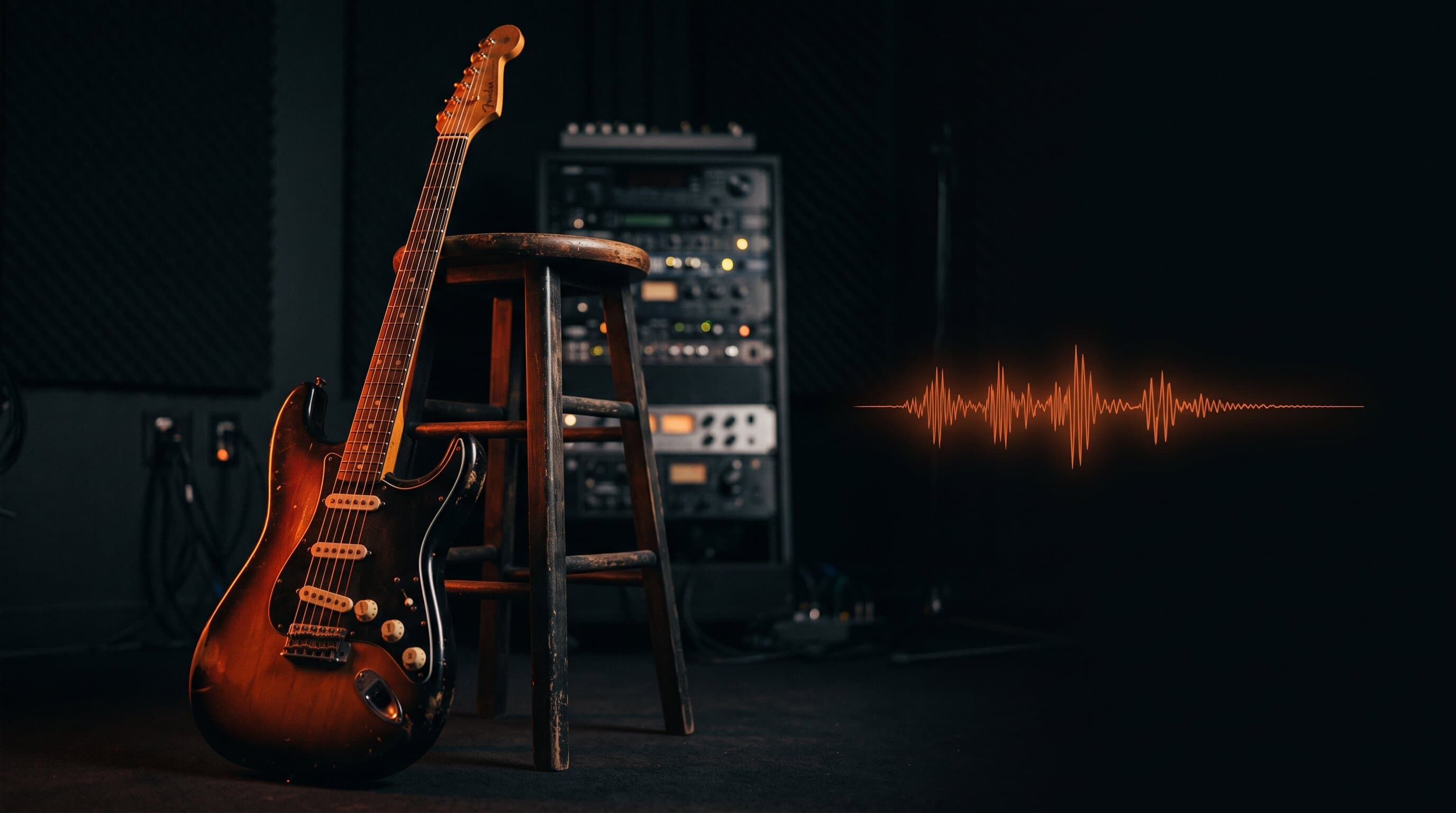 A vintage electric guitar leaning in a dark recording studio lit with warm orange light, a glowing orange soundwave floating beside it, representing turning musical expertise into a product