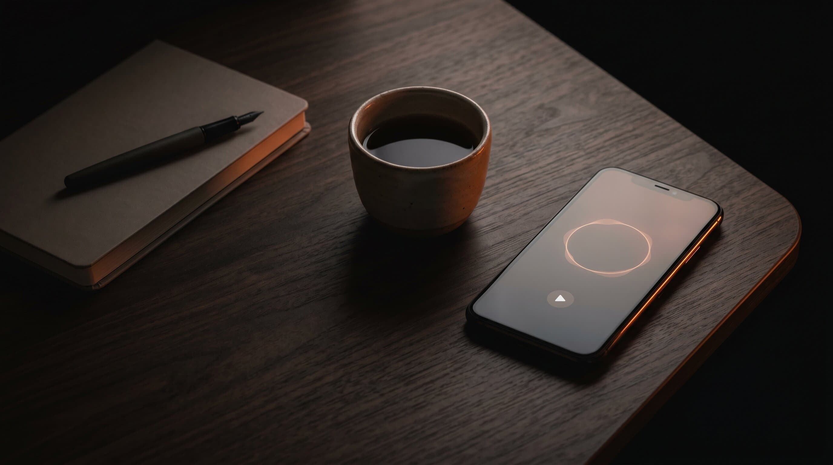 A clean dark editorial still life of a phone on a desk showing a meditation app interface with warm orange accent lighting