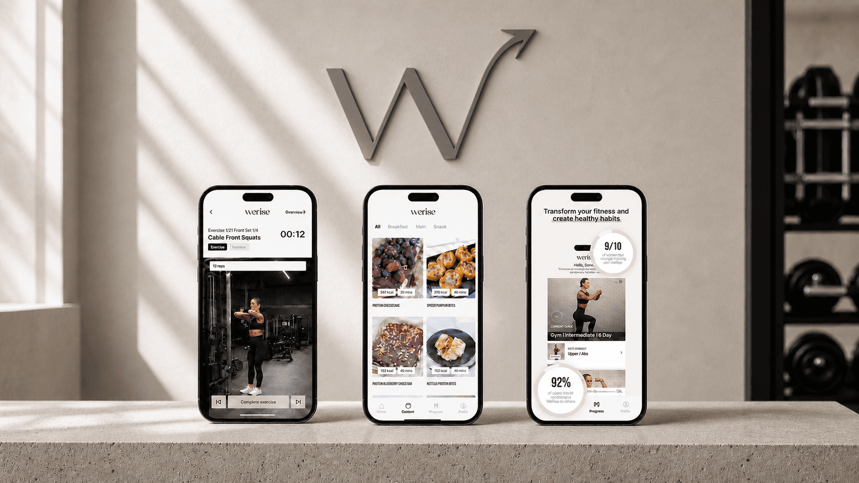 Authentic WeRise training, nutrition, and progress screens presented beneath the WeRise mark