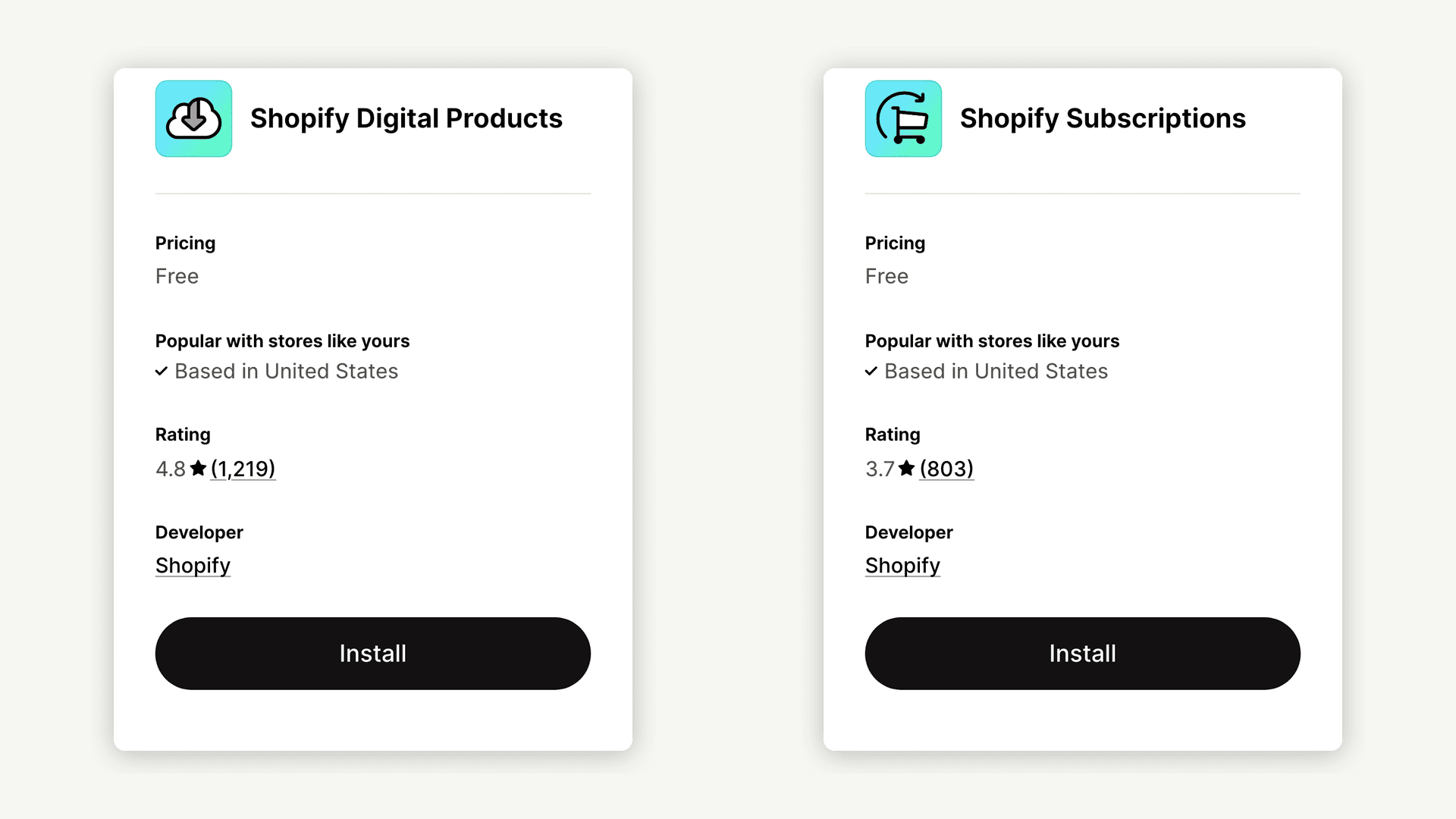 Two Shopify App Store listings side by side: Shopify Digital Products rated 4.8 from 1,219 reviews and Shopify Subscriptions rated 3.7 from 803 reviews, both free and both built by Shopify