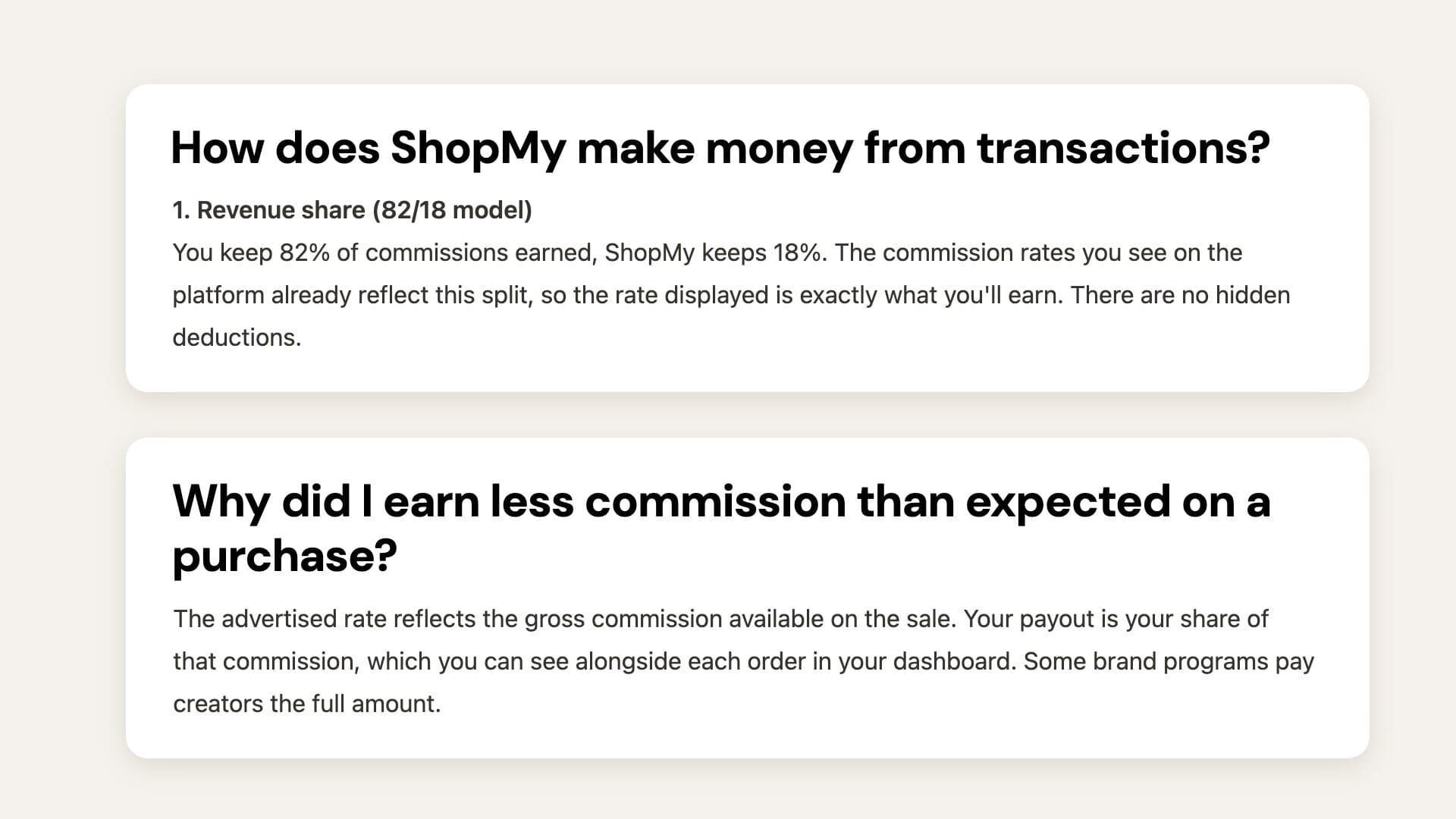 Two passages from ShopMy's Creator Guide, captured October 10, 2026. One says the rates shown already reflect the 82/18 split and are exactly what you earn. The other says the advertised rate is the gross commission and your payout is your share