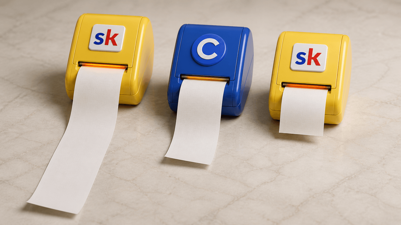 Three branded receipt machines show Skool Hobby producing the longest annual bill, Circle a medium bill, and Skool Pro the shortest