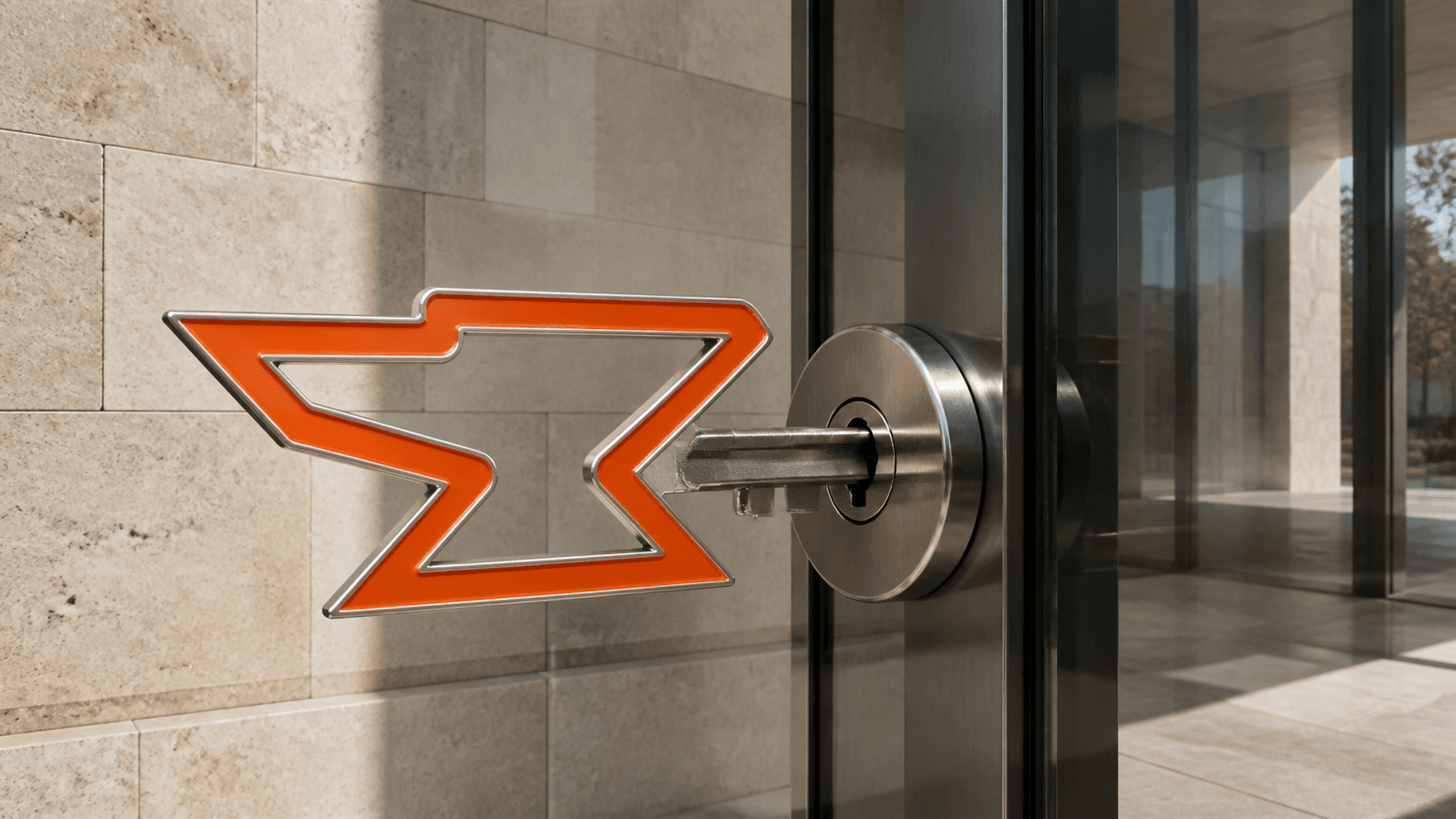 A key built from the Built by Foundry mark opening a glass door, representing creator-owned customer access