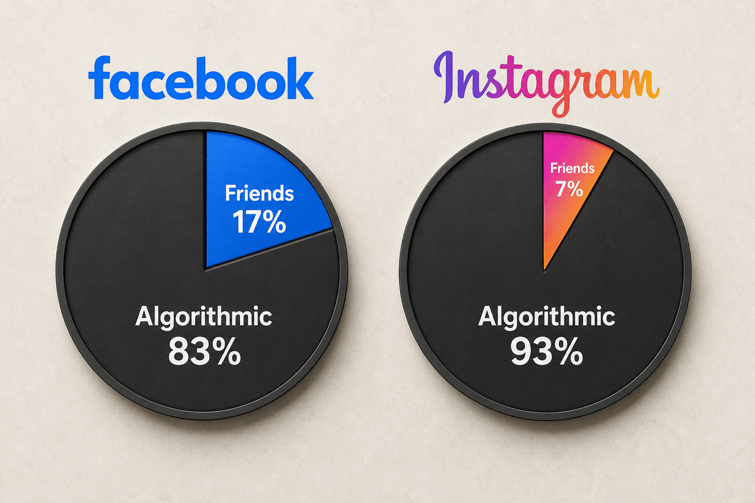 Facebook and Instagram dials show friends accounting for 17 percent and 7 percent of time while algorithmic content fills the remainder