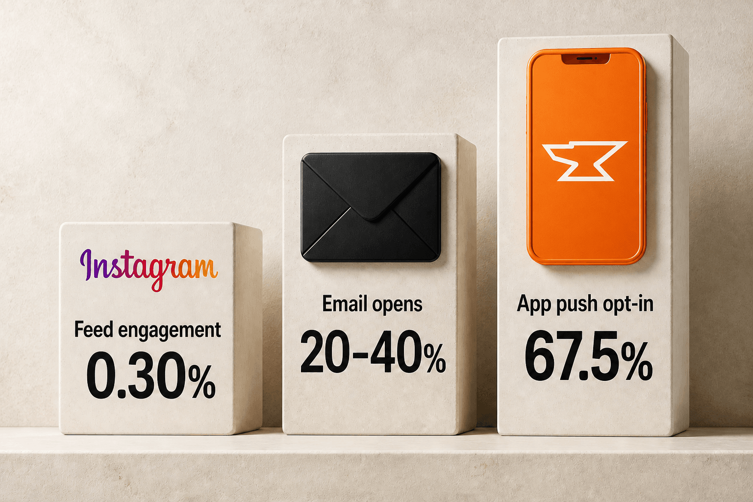 Three channel towers compare 0.30 percent Instagram feed engagement, 20 to 40 percent email opens, and 67.5 percent app push opt-in