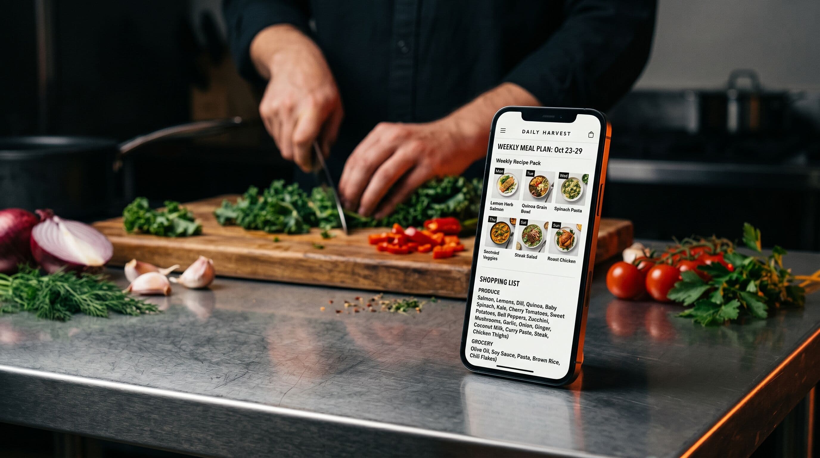 A smartphone propped on a kitchen counter showing a weekly recipe pack and shopping list while someone chops fresh vegetables