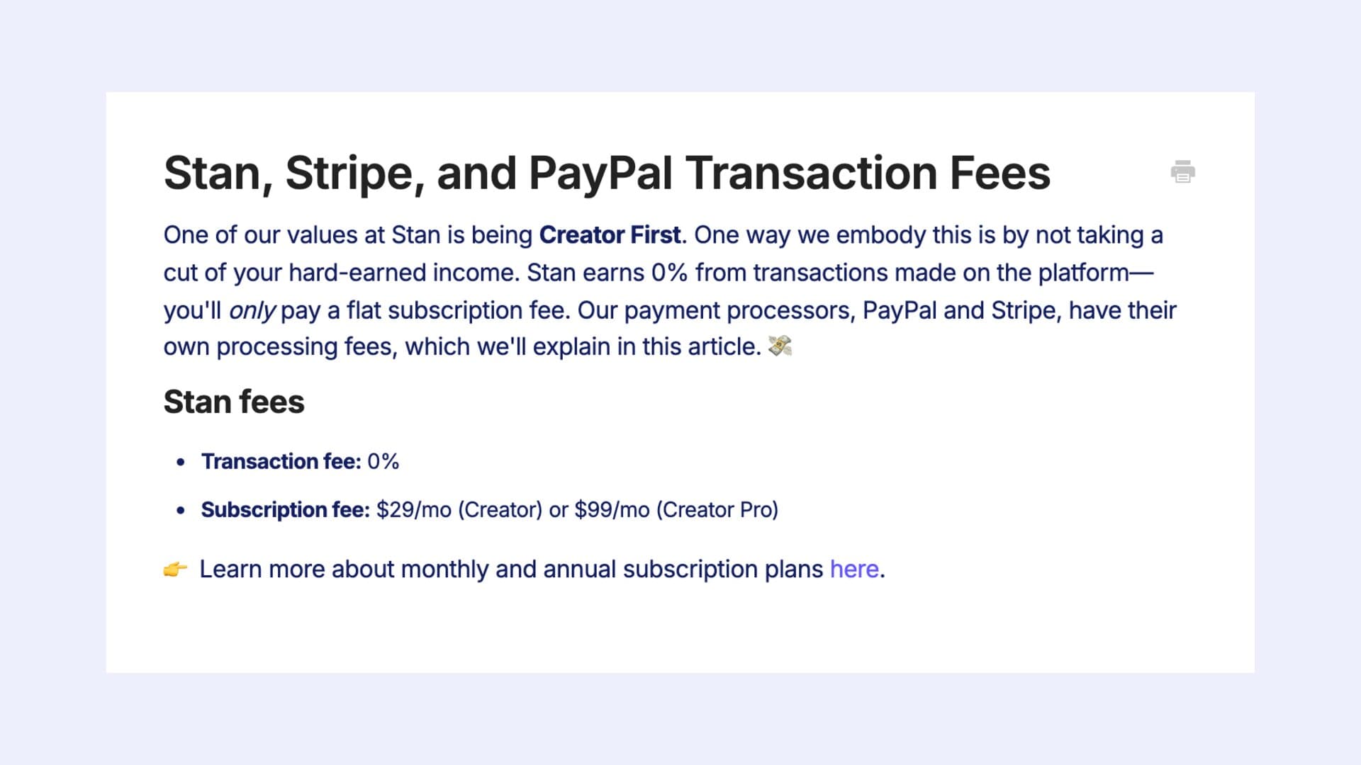 Stan's help-center article on Stan, Stripe and PayPal transaction fees, listing a 0% transaction fee and a $29 a month Creator or $99 a month Creator Pro subscription fee